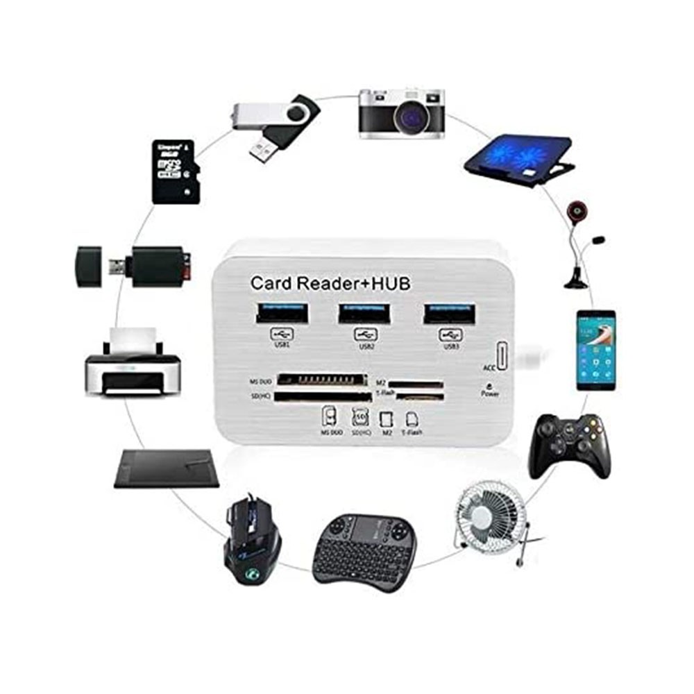 US Aluminum 3 Port USB 3.0 Hub MS SD M2 TF Multi-In-1 Memory Card Reader Adapter