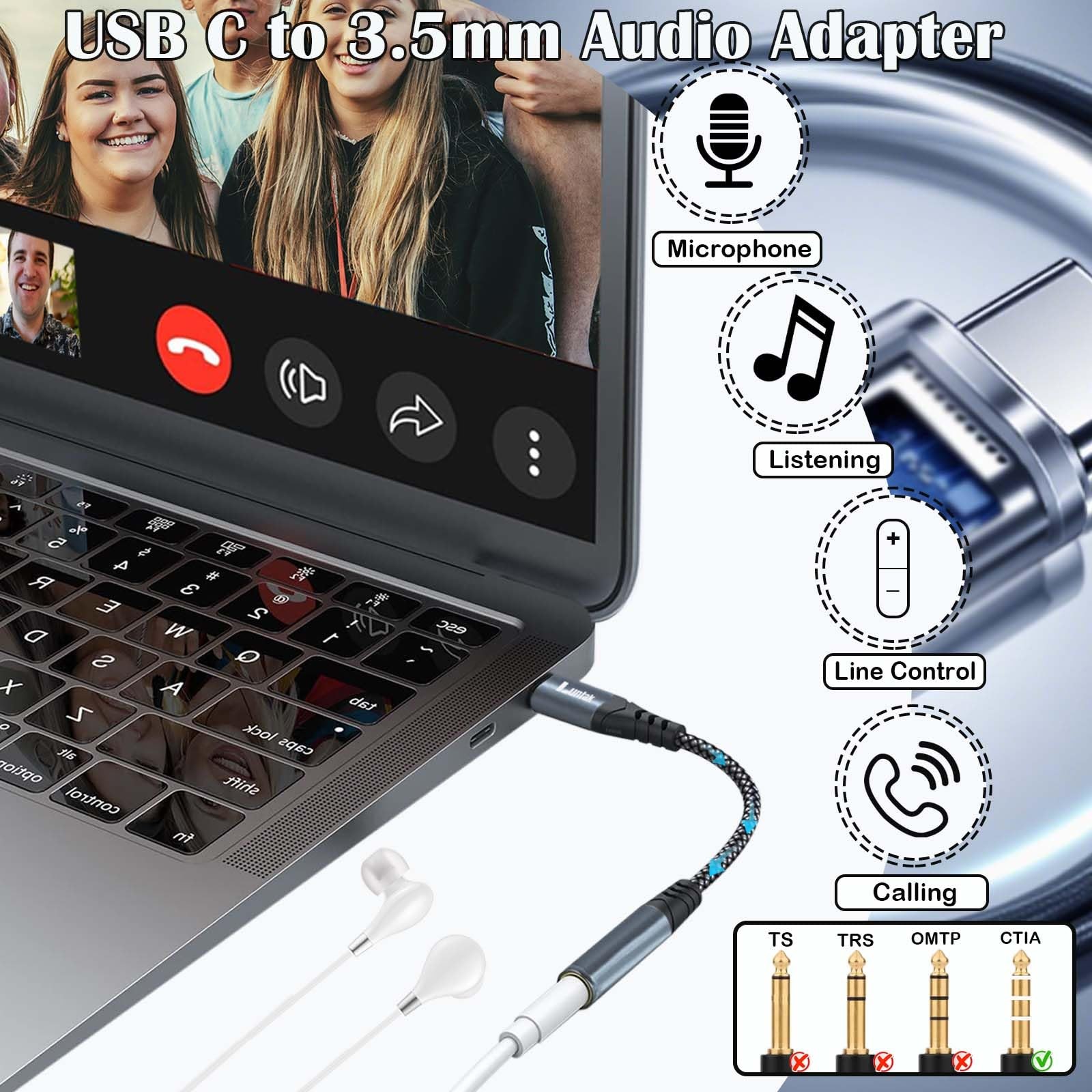 USB C to 3.5mm Headphone Jack Adapter,USB C Aux Audio Dongle Cable Sliver