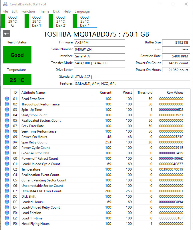 Toshiba 750GB 2.5″ SATA Laptop HDD 5400RPM MQ01ABD075 Tested 21052 Hrs Computer