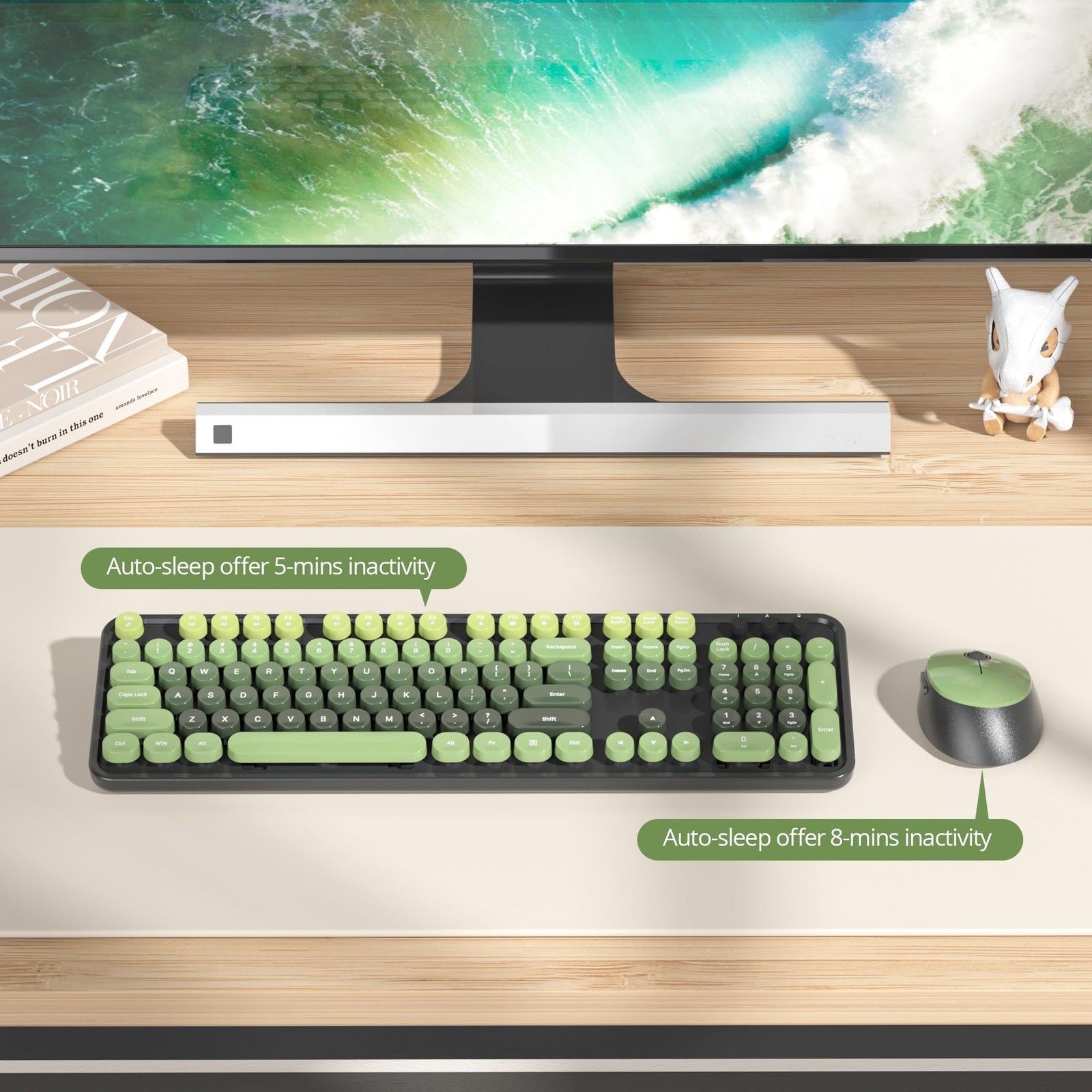 Wireless Keyboard Mouse Combo 2.4GHz Typewriter Round Keycaps Dark Green