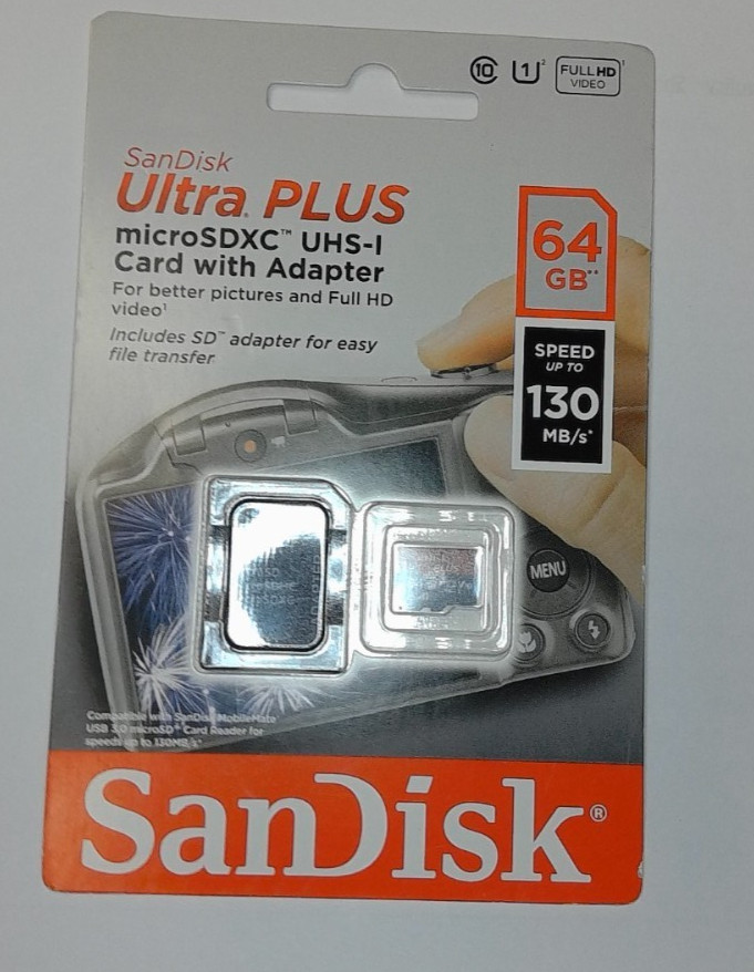 📀 SanDisk Ultra Plus MicroSDXC UHS-I Card w/ Adapter – 64GB