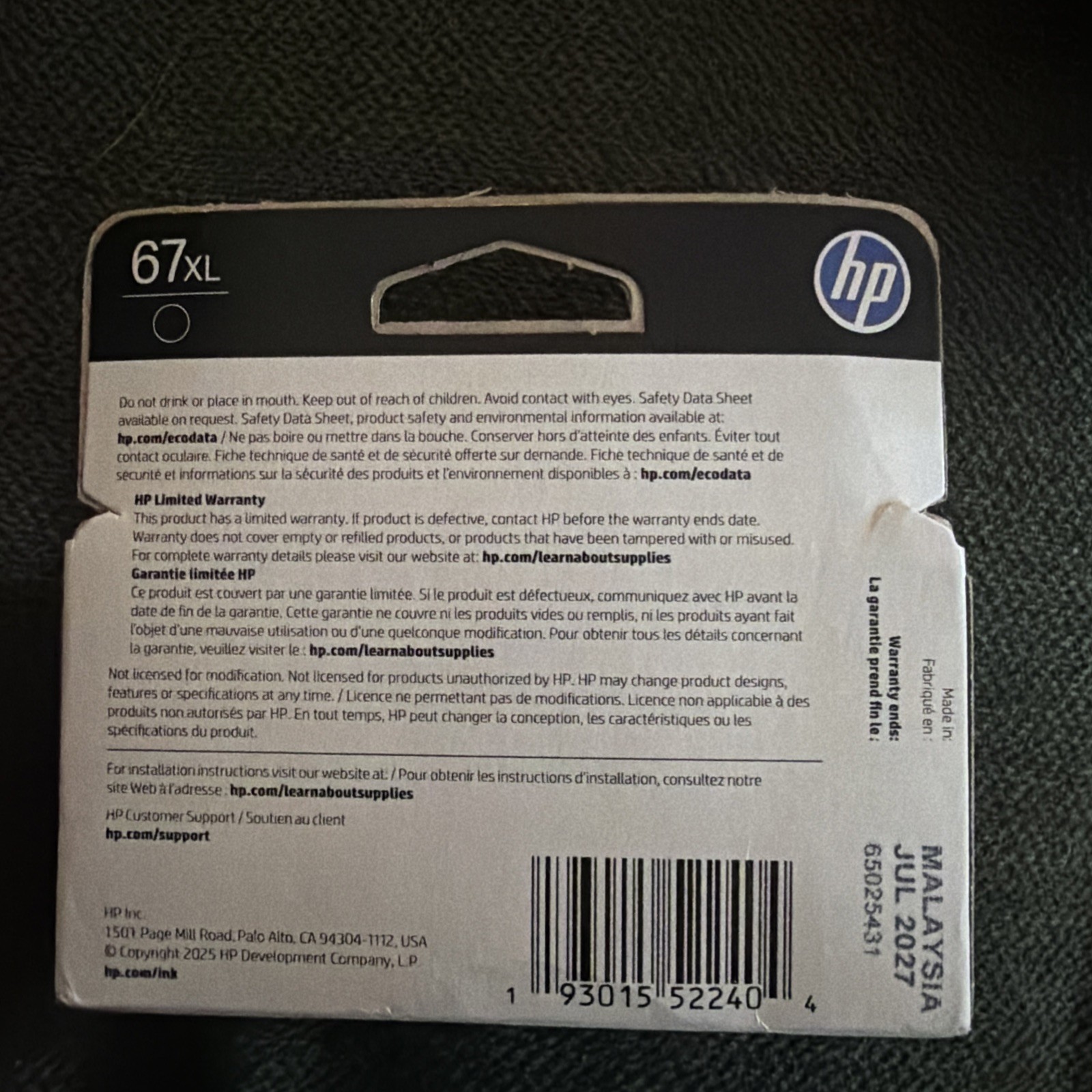 Genuine OEM HP67XL Black lnkCartridge3YM57AN HighYield-New Sealed M 2027/2028
