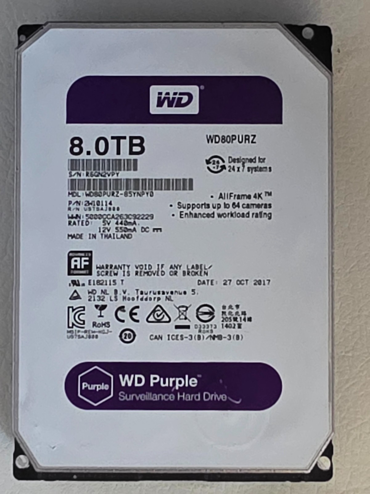 WD Western Digital WD80PURZ 3.5″ 8TB HDD Purple Surveillance Hard Drive 3.5″