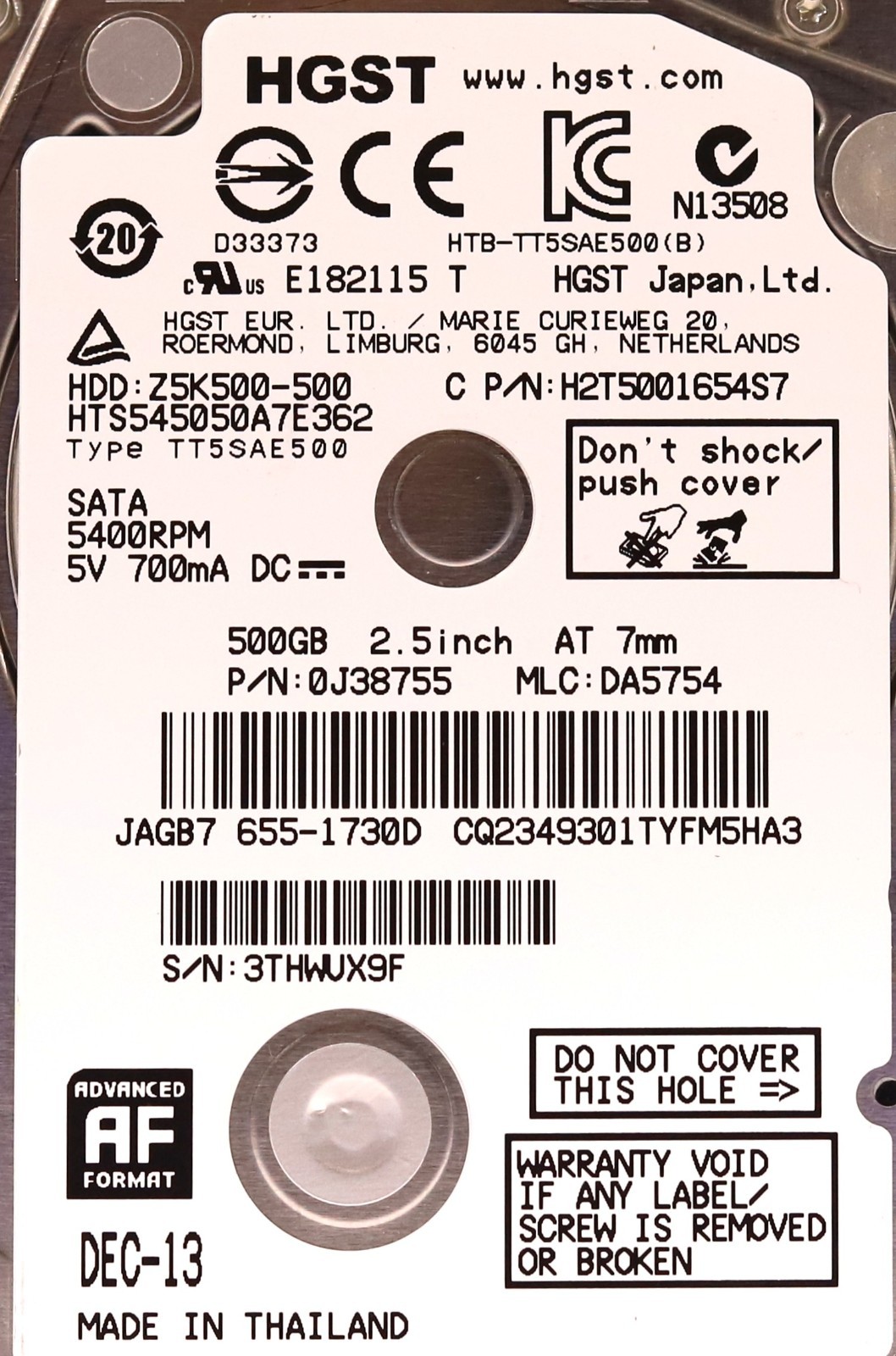 HGST HTS545050A7E362 500GB 2.5″ 3Gb/s 7mm 5.4K RPM SATA Hard Drive P/N: 0J38755