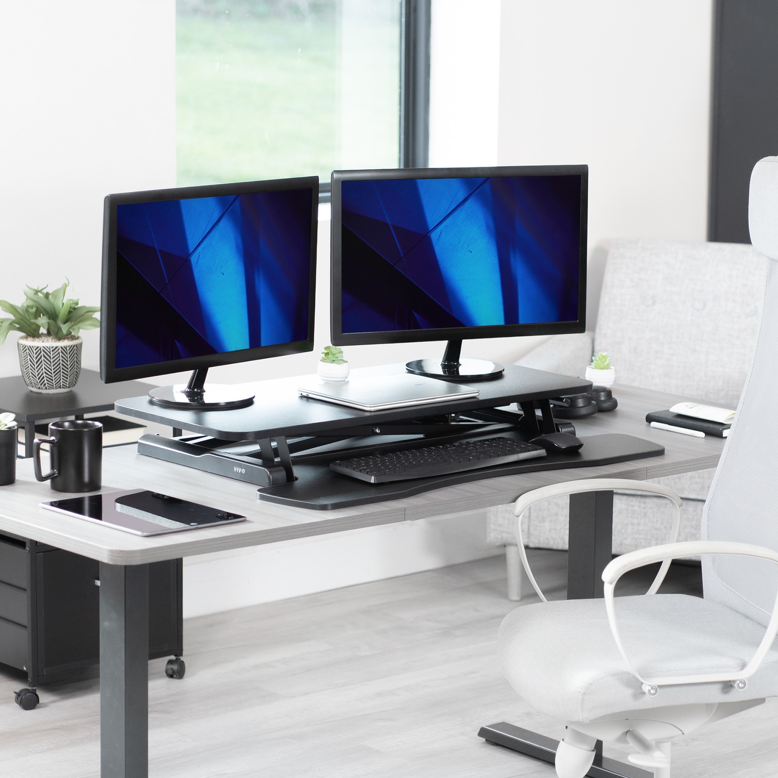 VIVO Black Height Adjustable 36″ Standing Desk Monitor Riser, Sit Stand Tabletop
