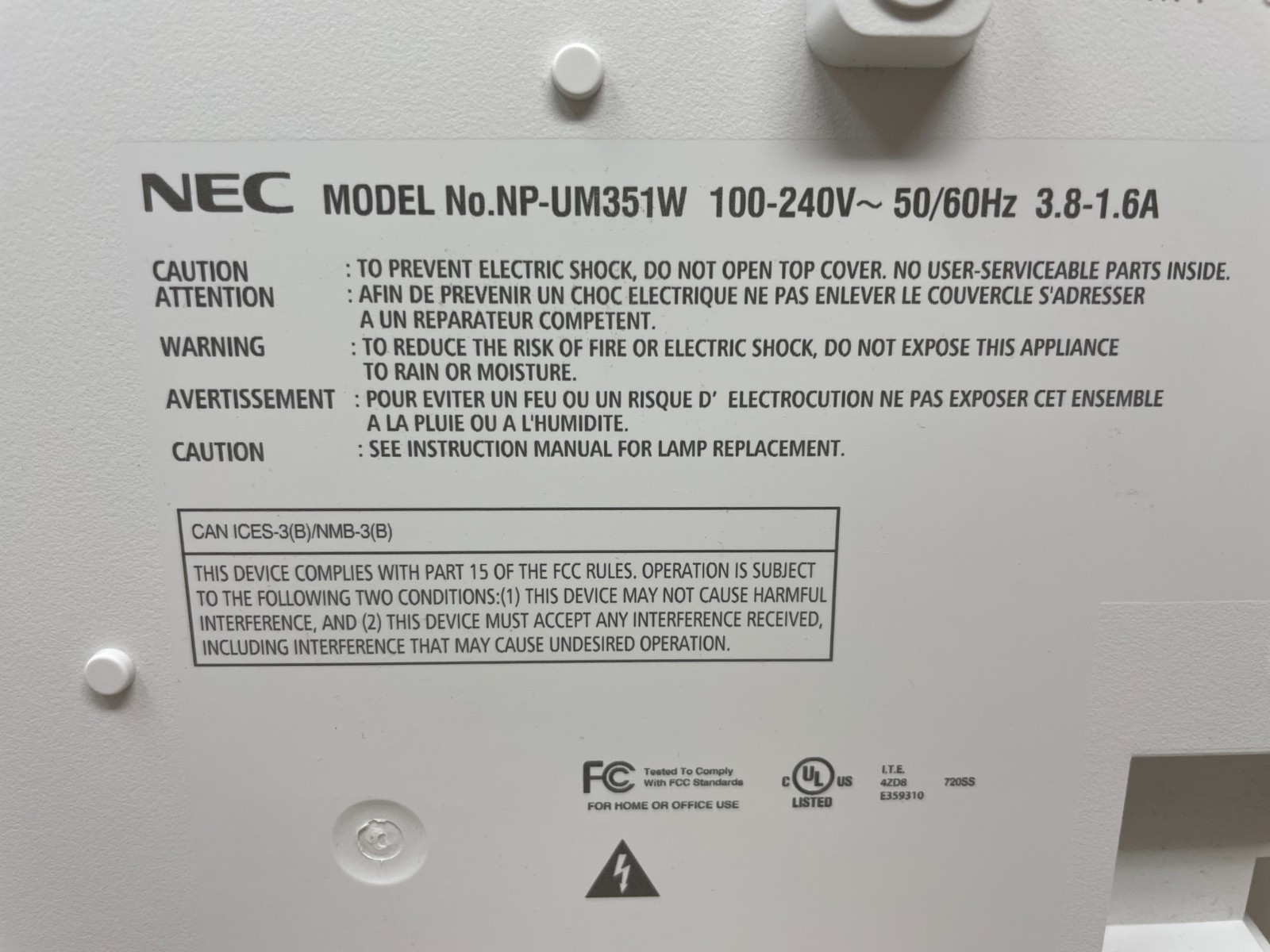 NEC NP-UM351W Ultra Short Throw Projector w/ Backplate, Under 1650 Lamp Hours