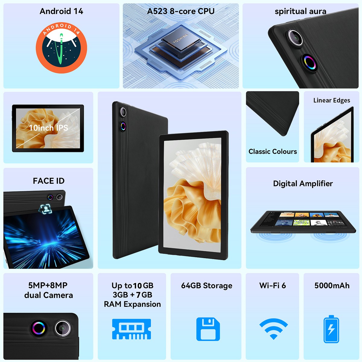 AEEZO Tablet A10 Android 14 Wifi pad 64GB ROM Face ID Unlock Dynamic halo 10.1in