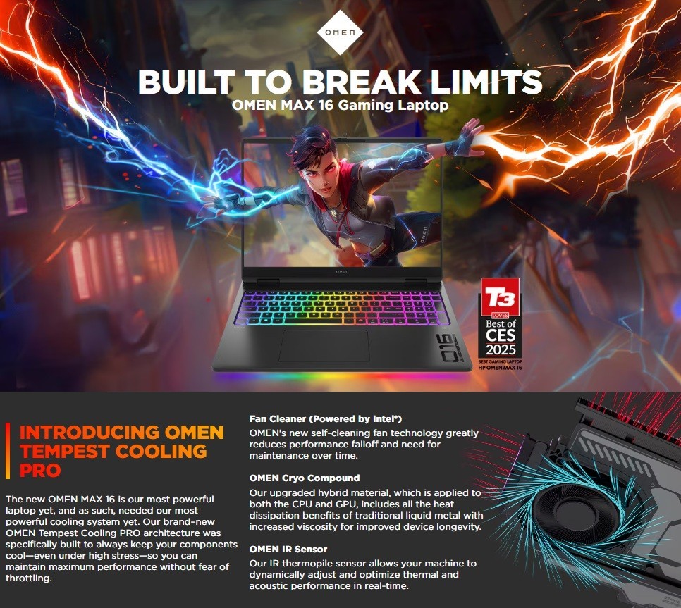 HP Omen 16T-AH000 Black Gaming Laptop PC 16.0″ U7-255HX 16GB 512GB RTX 5070Ti