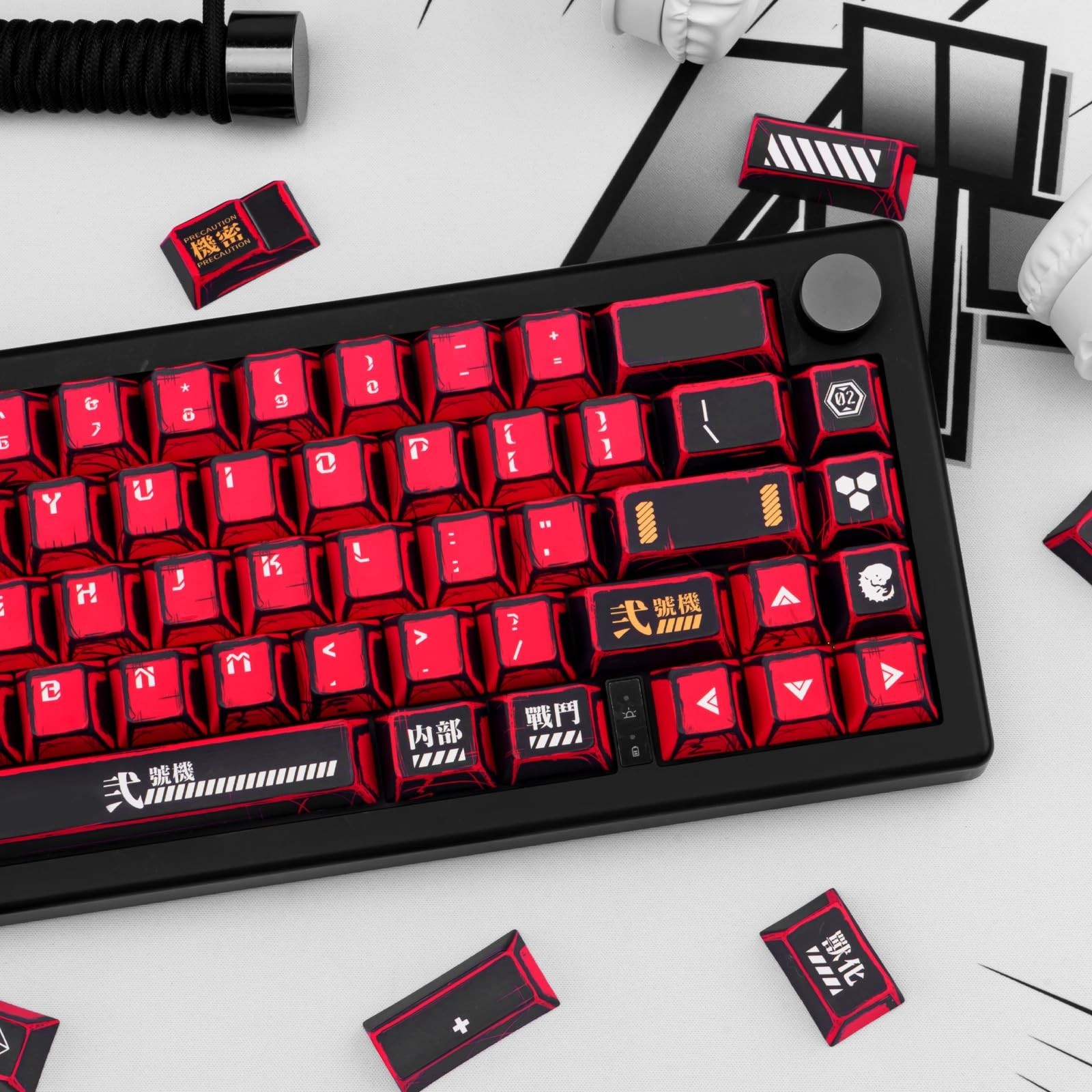 Red and Black PBT Keycaps Set 135 Keys Cherry Profile Manga Japanese Style Ke…