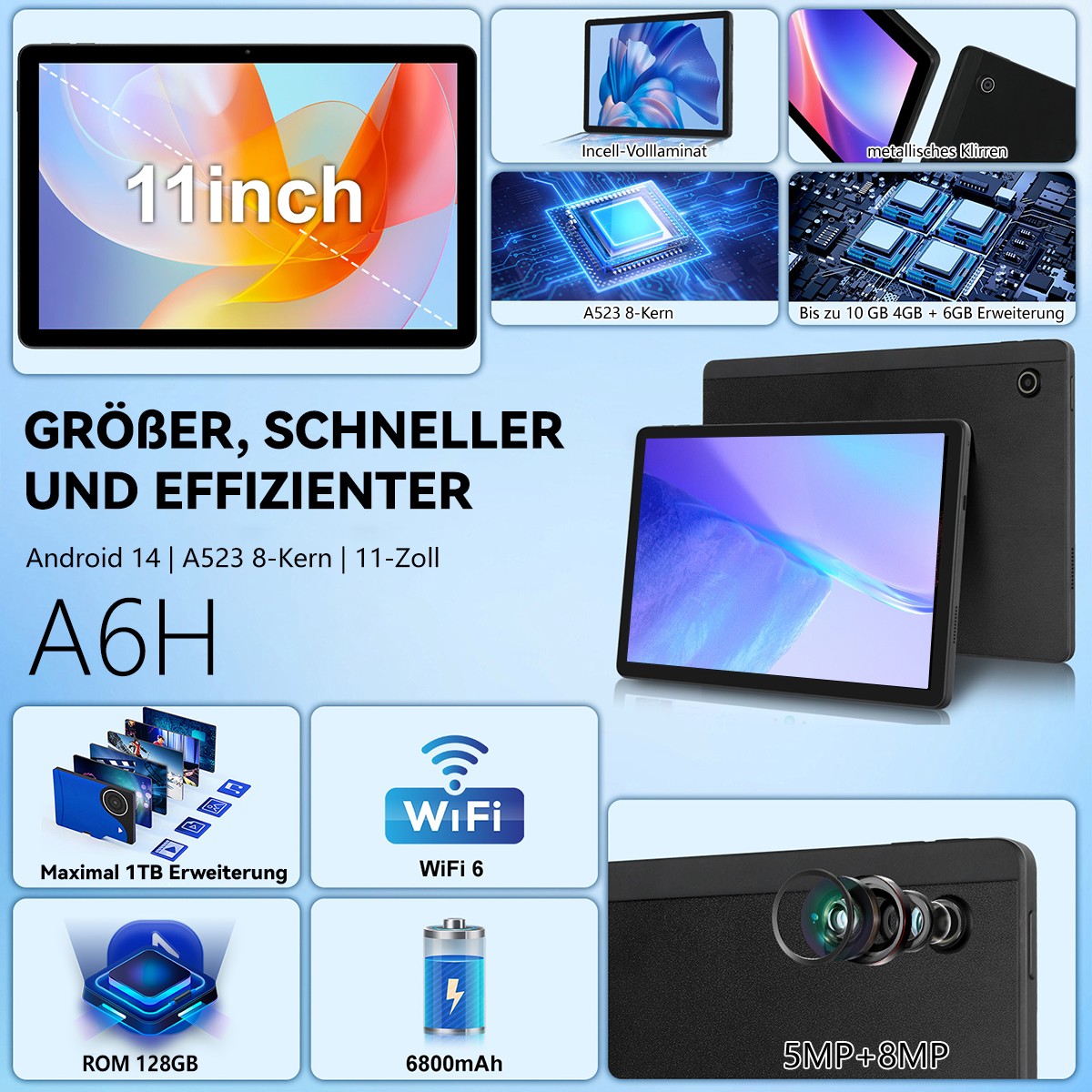 AEEZO 11″ WIFI Tablet Android 14 HD 10+128GB Tablet Pad Octa-Core Dual Camera