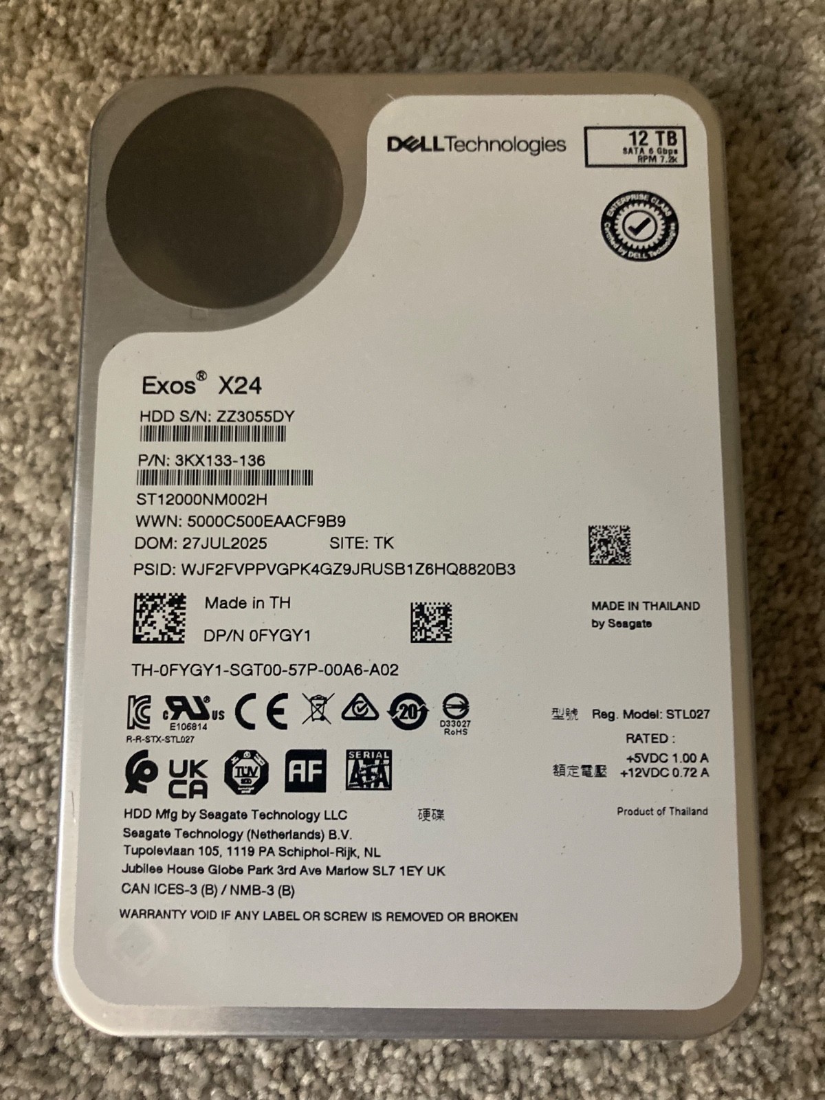 New Dell Seagate Exos X24 12TB Enterprise SATA 7.2K HDD ST12000NM002H