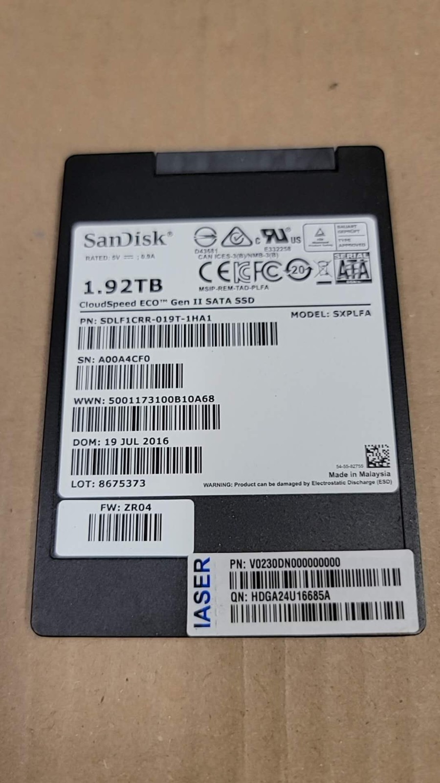 SanDisk 1.92TB 2.5″ 6Gb/s SATA SSD CloudSpeed ECO Gen II SDLF1CRR-019T-1HA1 100%