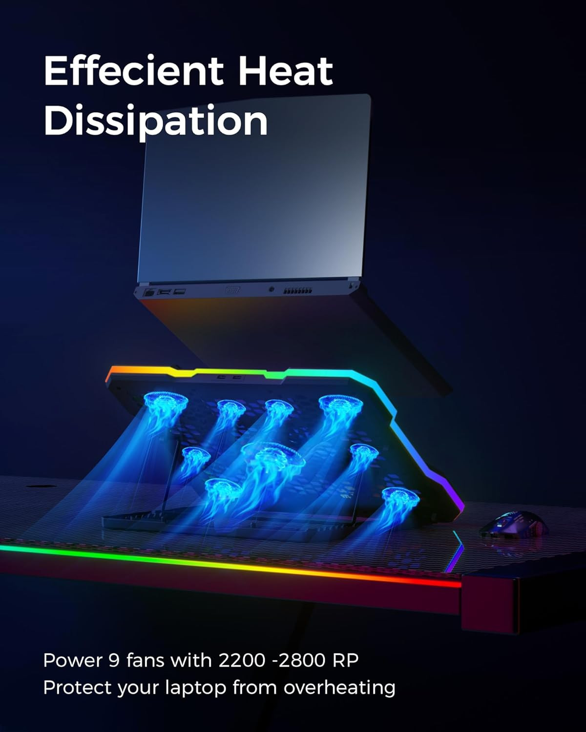 Laptop Cooling Pad, RGB Lights Laptop Cooler 9 Fans for 15.6-19.3 Inch Laptops,