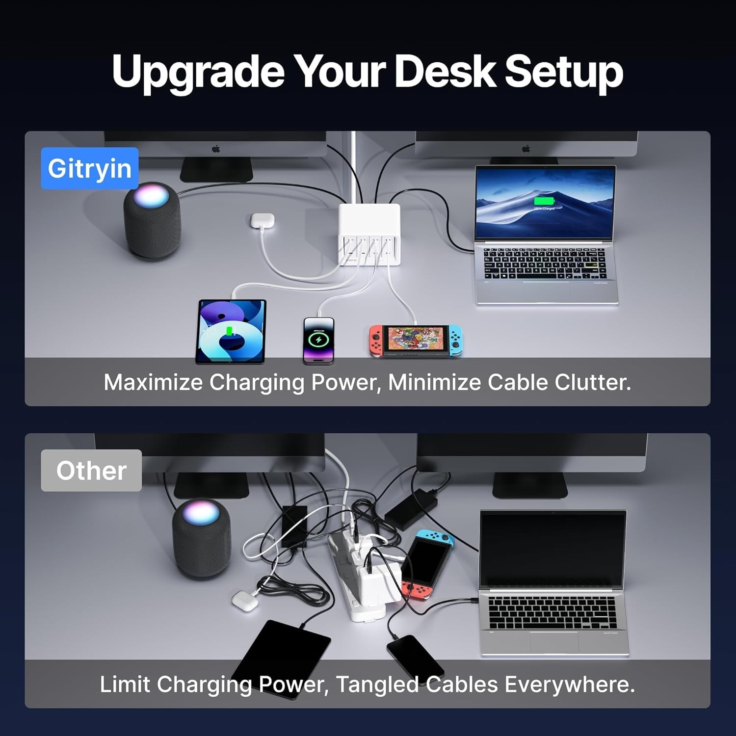 Gitryin Desktop Charging Station Retractable Cable Wall Charger AC/USB/Type-C