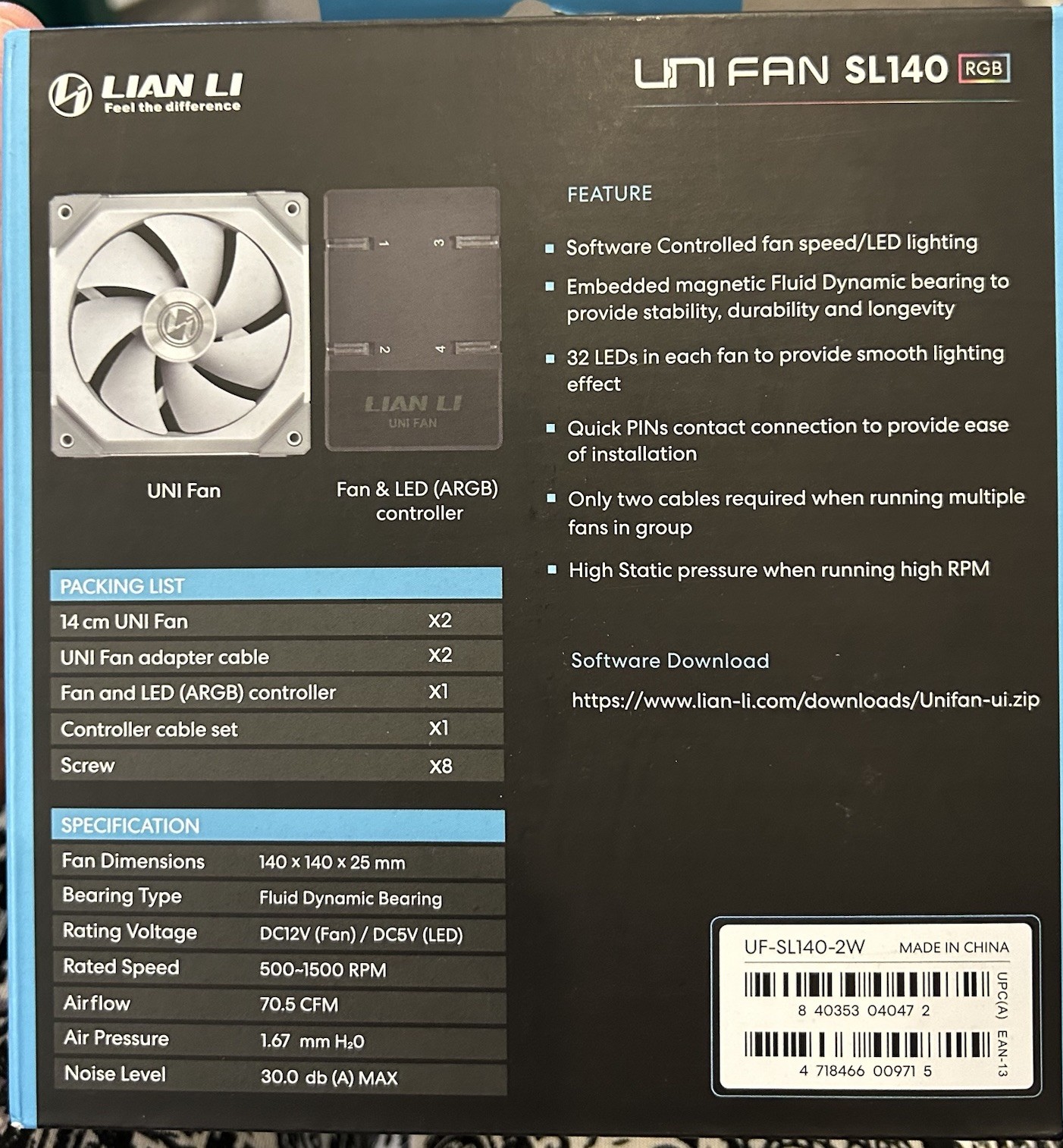 Lian Li UNI FAN SL140 RGB White 140mm Fluid Dynamic Bearing PC Case Fans