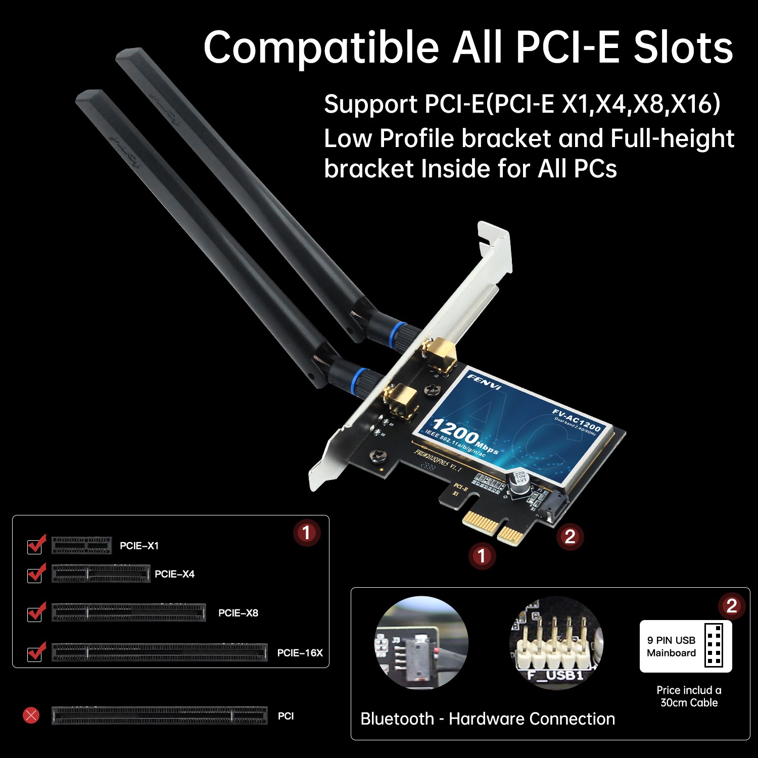 AC1200 WiFi 5 PCI-E Wireless WiFi Card Bluetoot 4.0 Dual Band Adapter Desktop PC