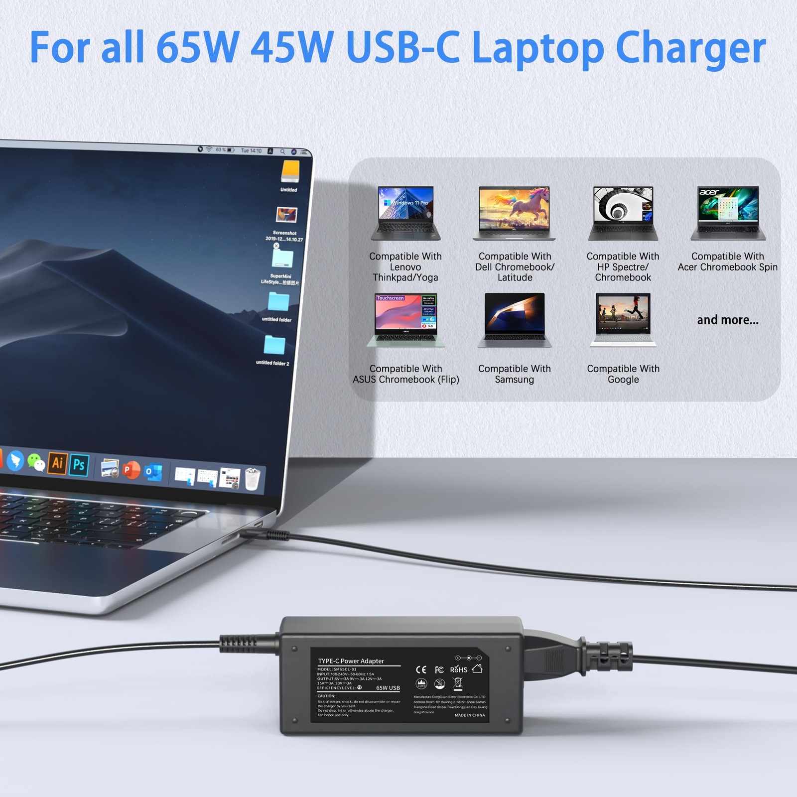 65W USB C Laptop Charger Input 100-240V Output 20V-3.25A – Compatible