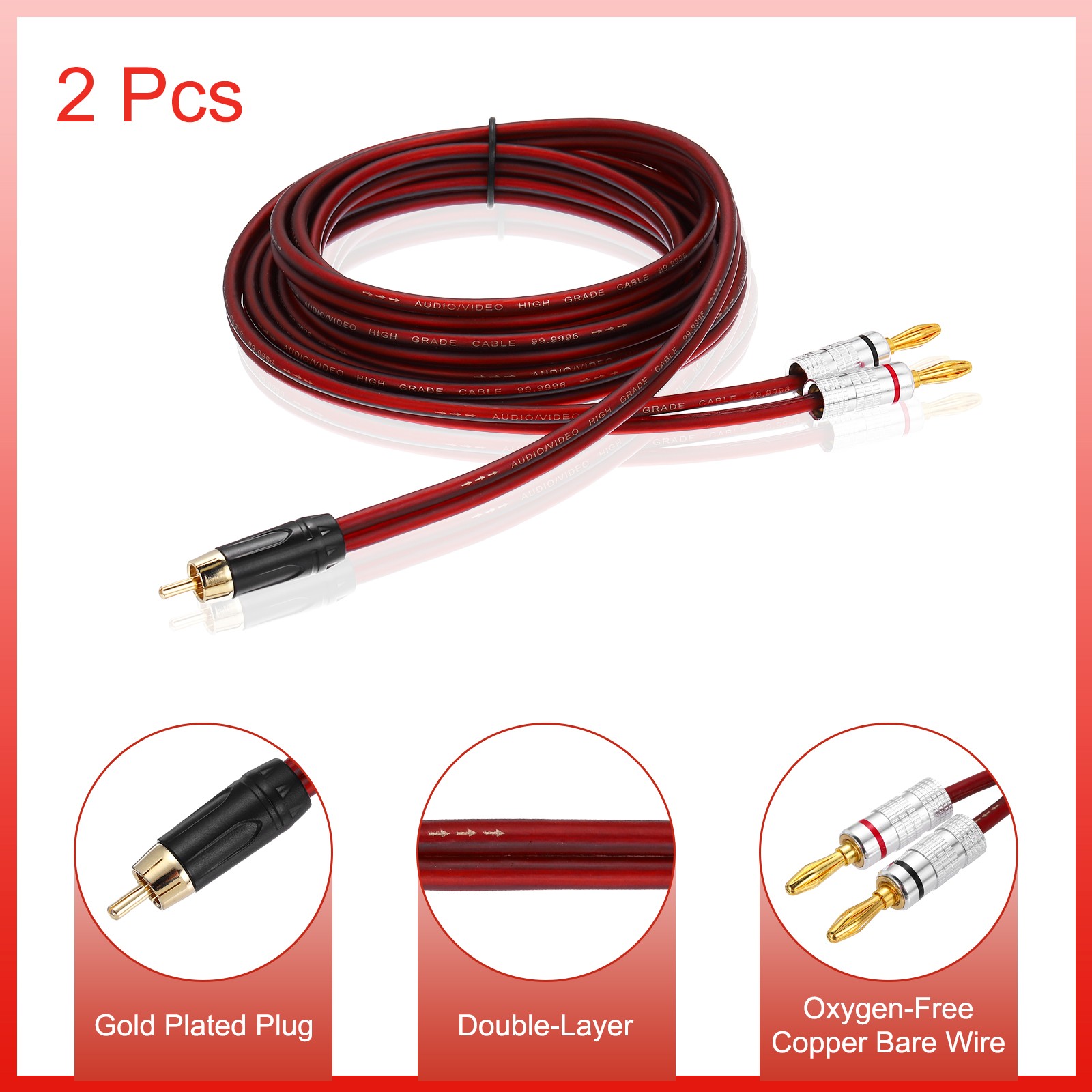 2 Pcs Gold Plated RCA Audio Cable 1 RCA to 2 4mm Banana Plug Splitter 9.8ft