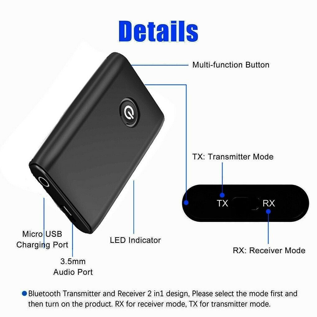 Bluetooth 5.0 Transmitter Receiver 2 IN 1 Wireless Audio 3.5mm Jack Aux Adapter