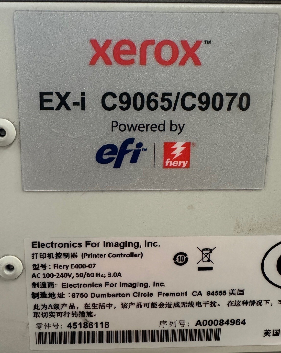Xerox Primelink C9065/C9070 Fiery Print Server EX-i Controller E400-07 GZF