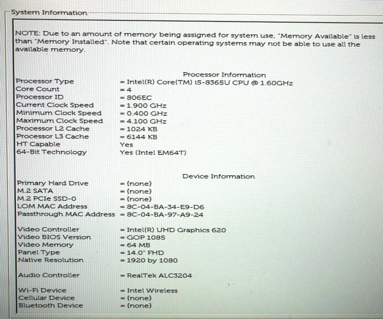 Dell Latitude 5400 – Intel Core i5-8365U @1.60GHz 16GB RAM – No HD/No OS