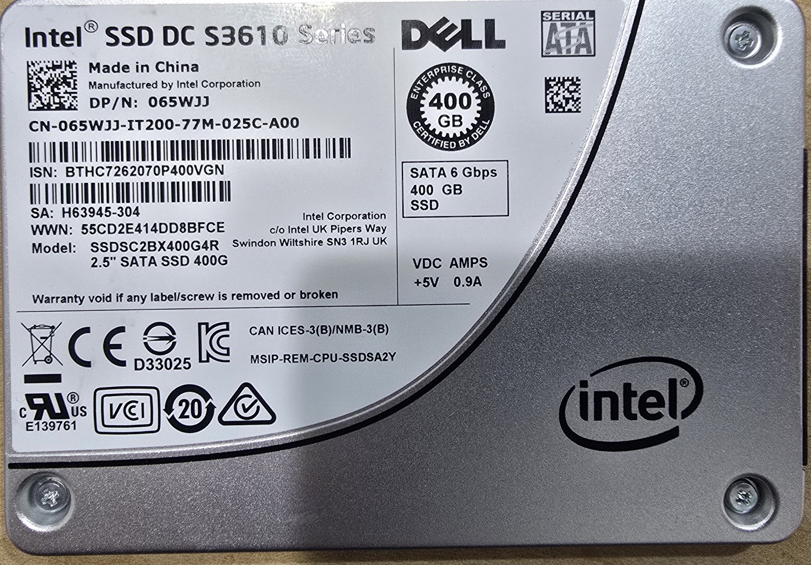 Dell Intel S3610 400GB SATA 6Gbps 2.5” SSD SSDSC2BX400G4R 065WJJ
