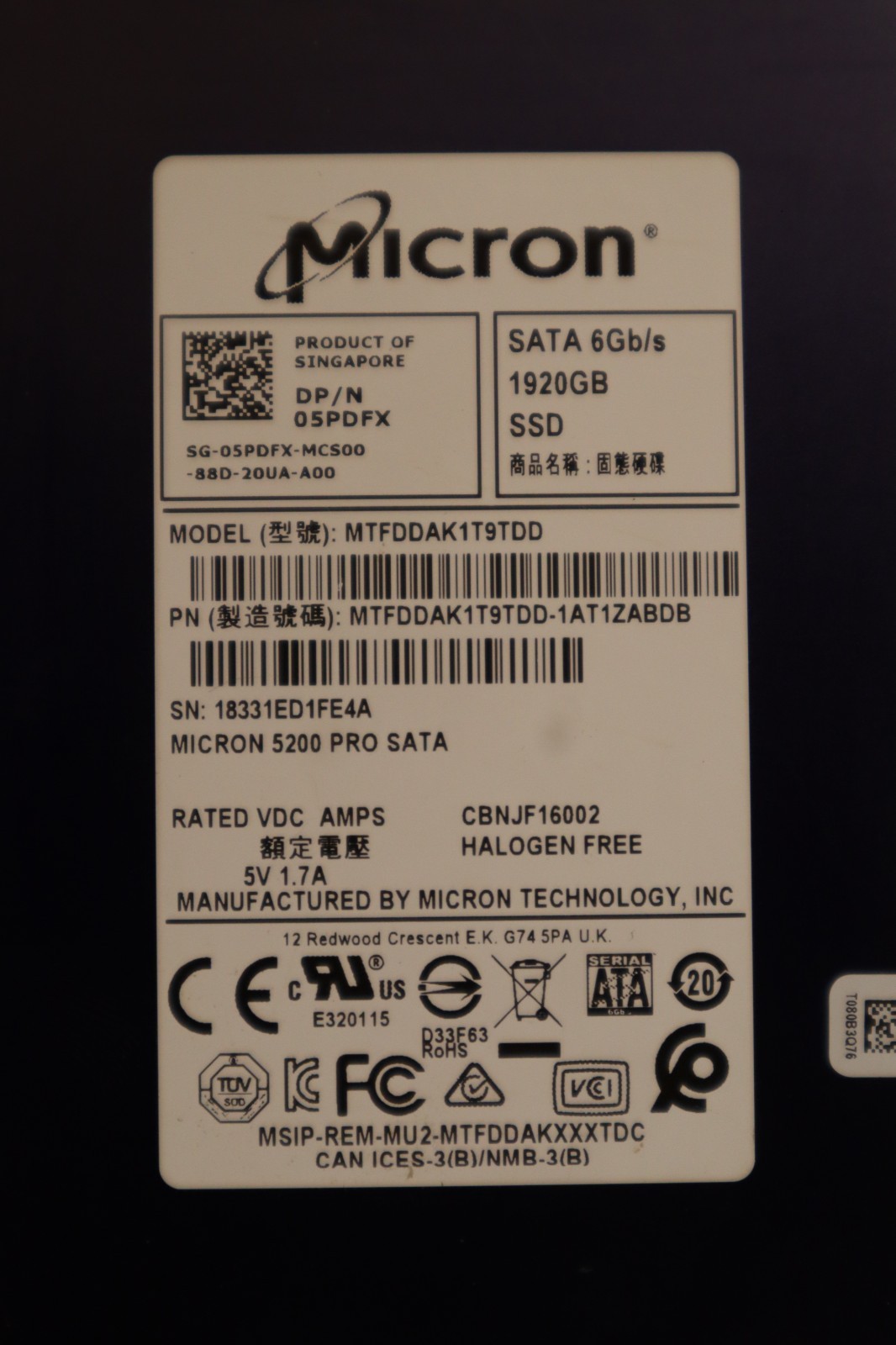 1.92TB Micron 5200 Pro 7MM 2.5″ SATA SSD MTFDDAK1T9TDD Dell 05PDFX 100% Health