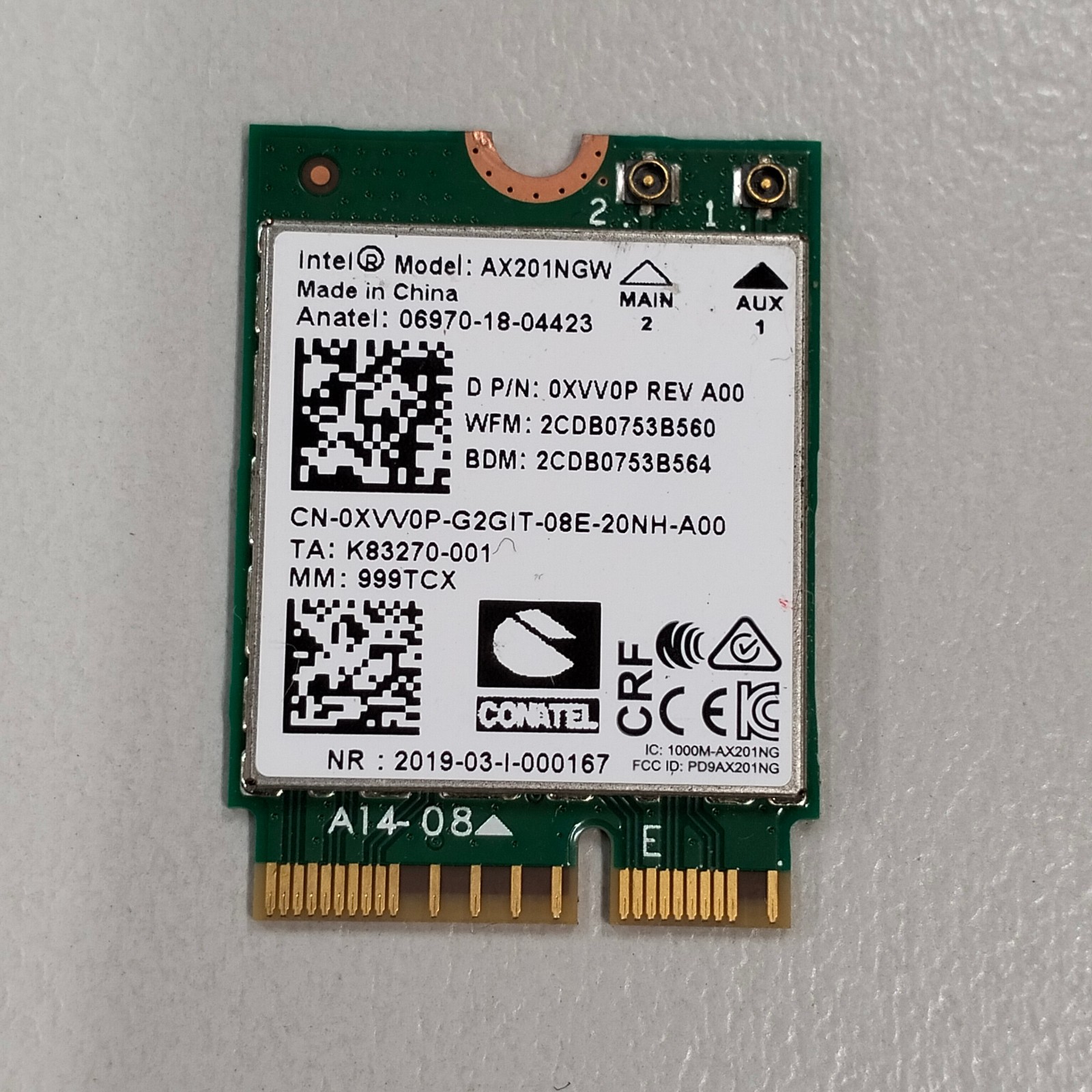 Intel WiFi 6 802.11ax 2.4 5 GHz 2.4Gbps BT 5.2 M.2 2230 Card AX201NGW 0XVV0P