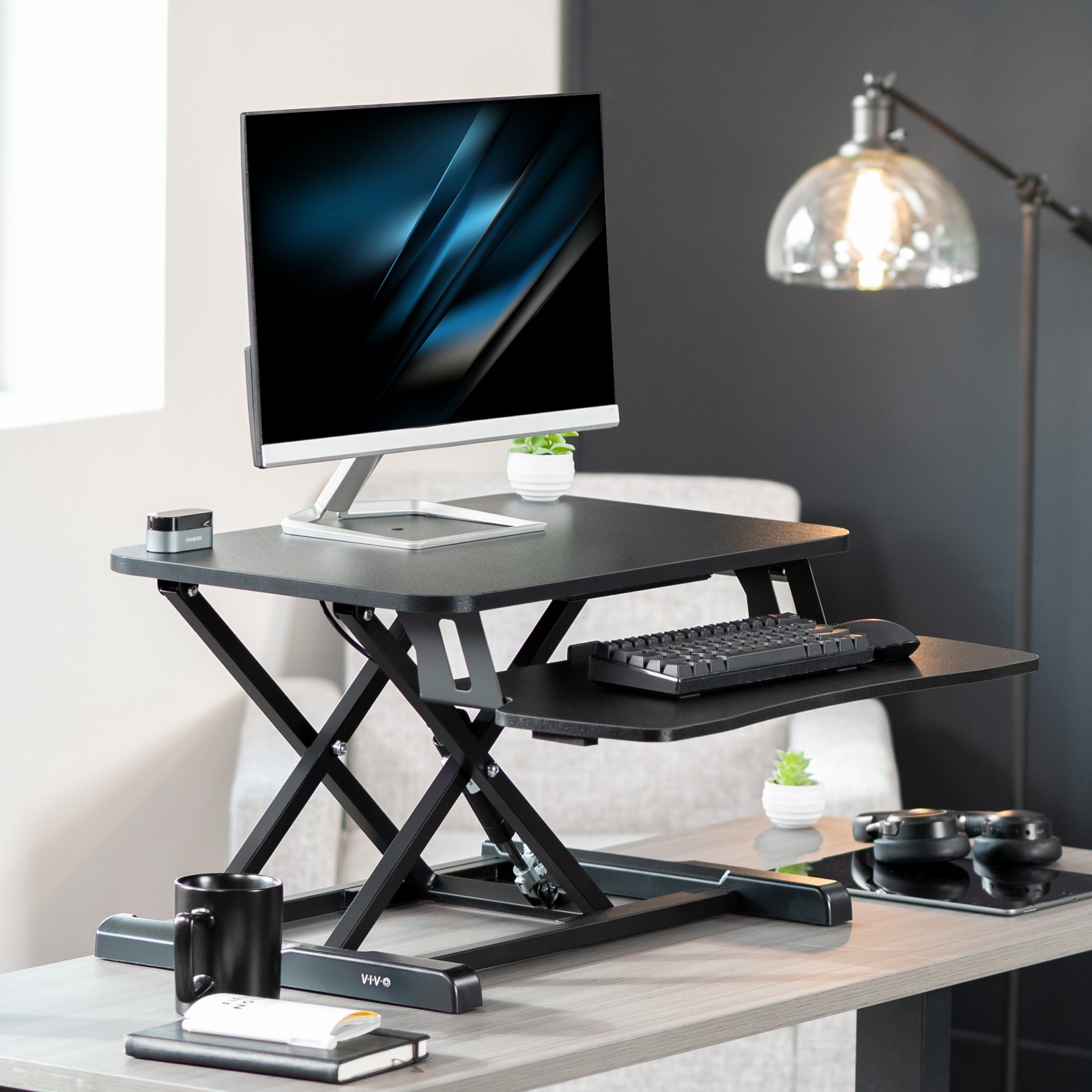 VIVO Black 26″ Height Adjustable Standing Desk Monitor Riser Sit Stand Tabletop