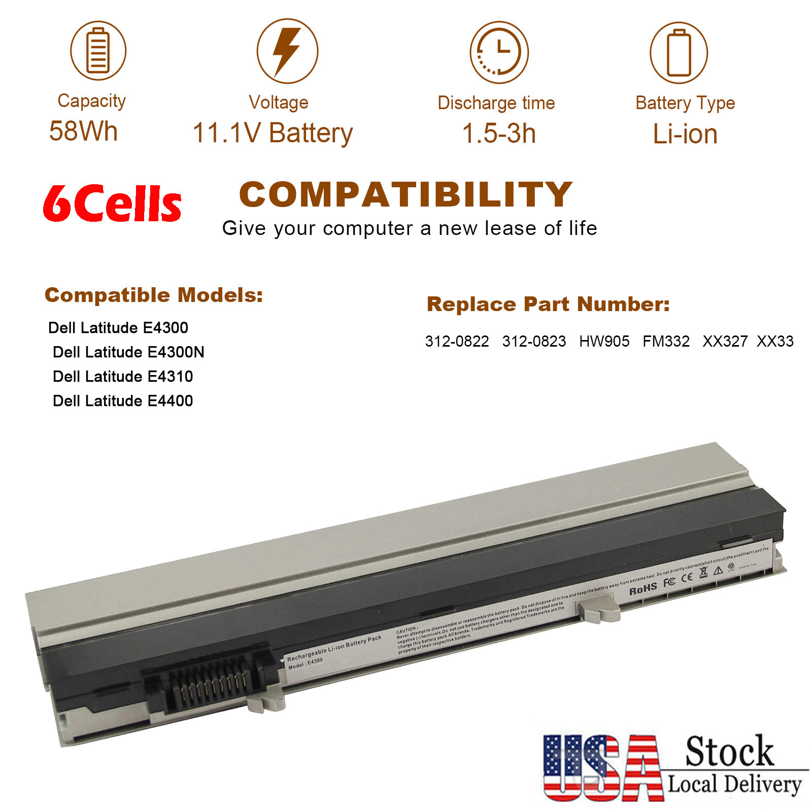 USA Battery For Dell Latitude E4300 E4310 E4400 XX327 XX337 PFF30 HW905 312-0822