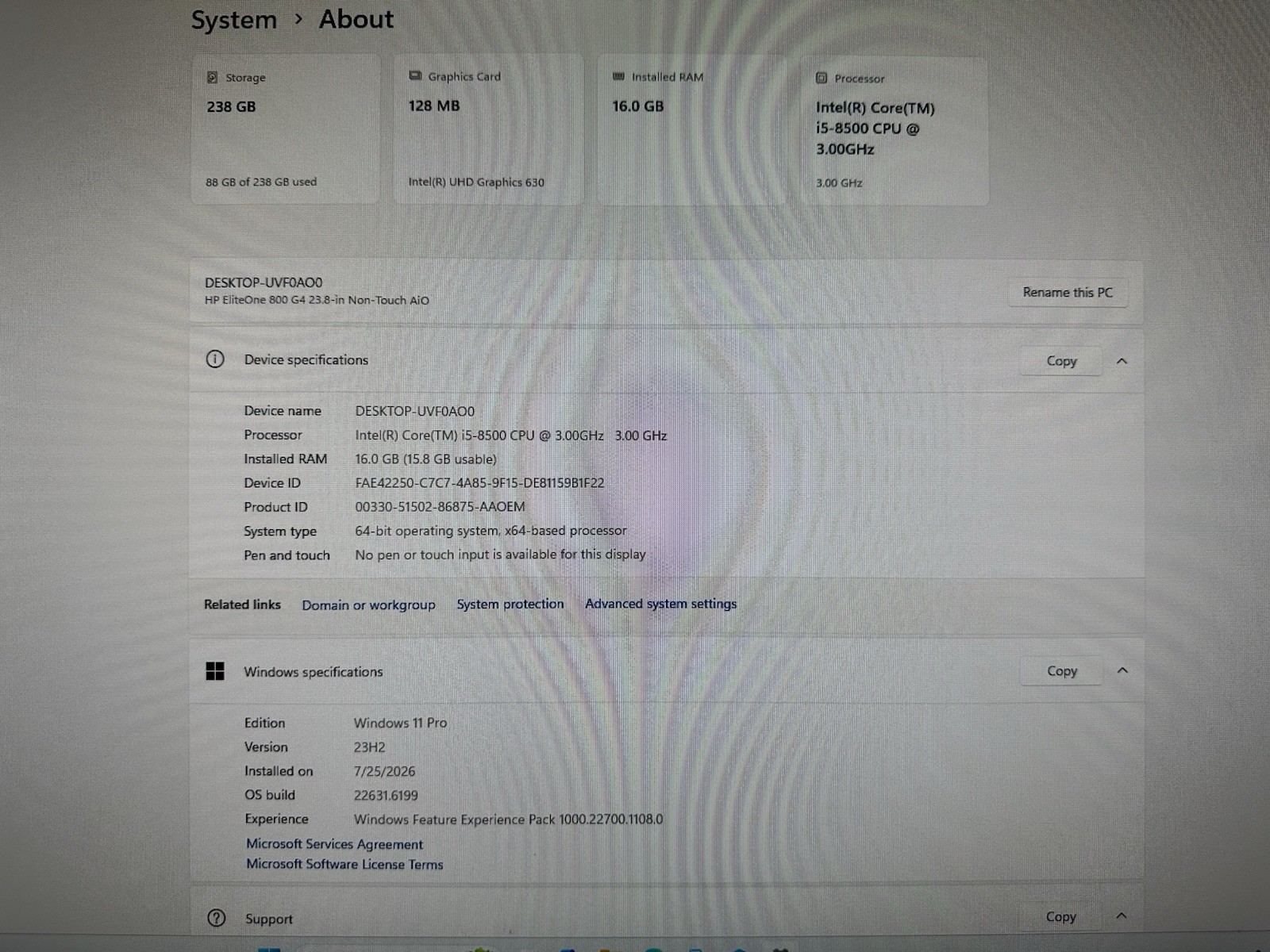 HP ELITEONE 800 G4 23.8″ AIO INTEL CORE I5-8500 3GHZ 16G 256GB M2 Windows 11 Pro