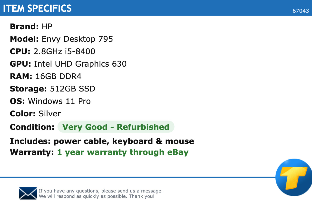 HP Envy Desktop 795 – 2.8GHz i5, 16GB RAM, 512GB SSD, Windows 11 Pro