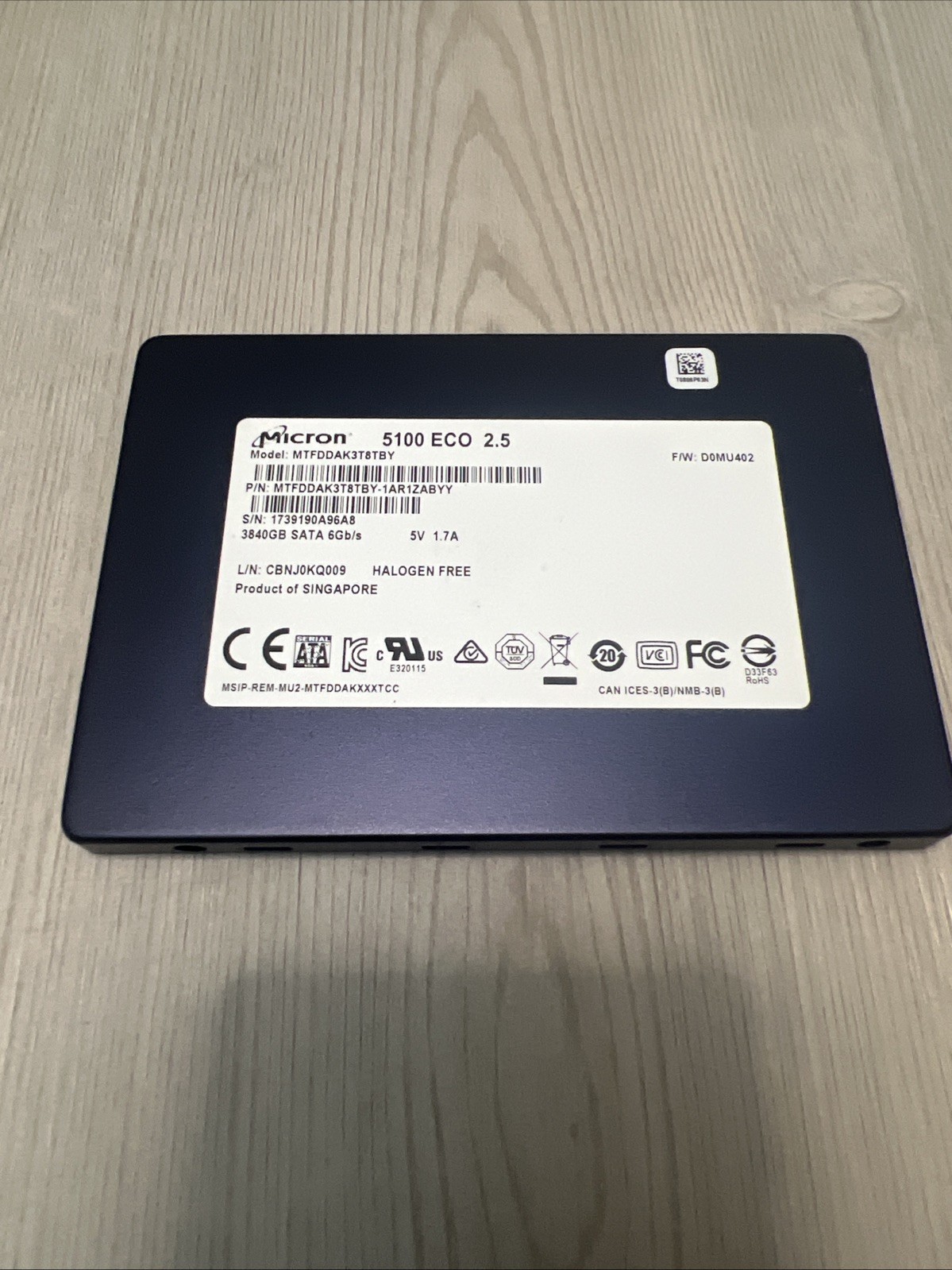 MICRON 5100 ECO MTFDDAK13T8TBY SSD 3.84TB SATA 6Gb/s 2.5″ 512 b/s 100% Health