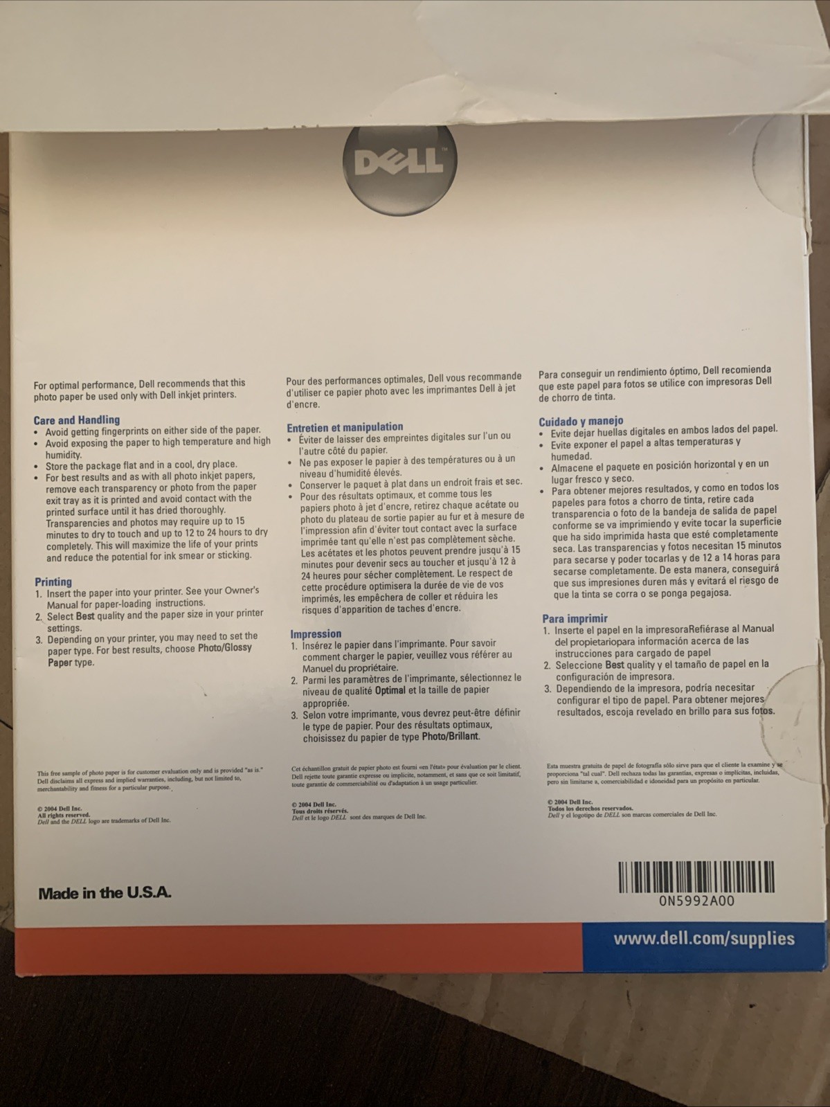 Dell Premium High Gloss Photo Paper 25 Sheets 8.5 x 11 Inches