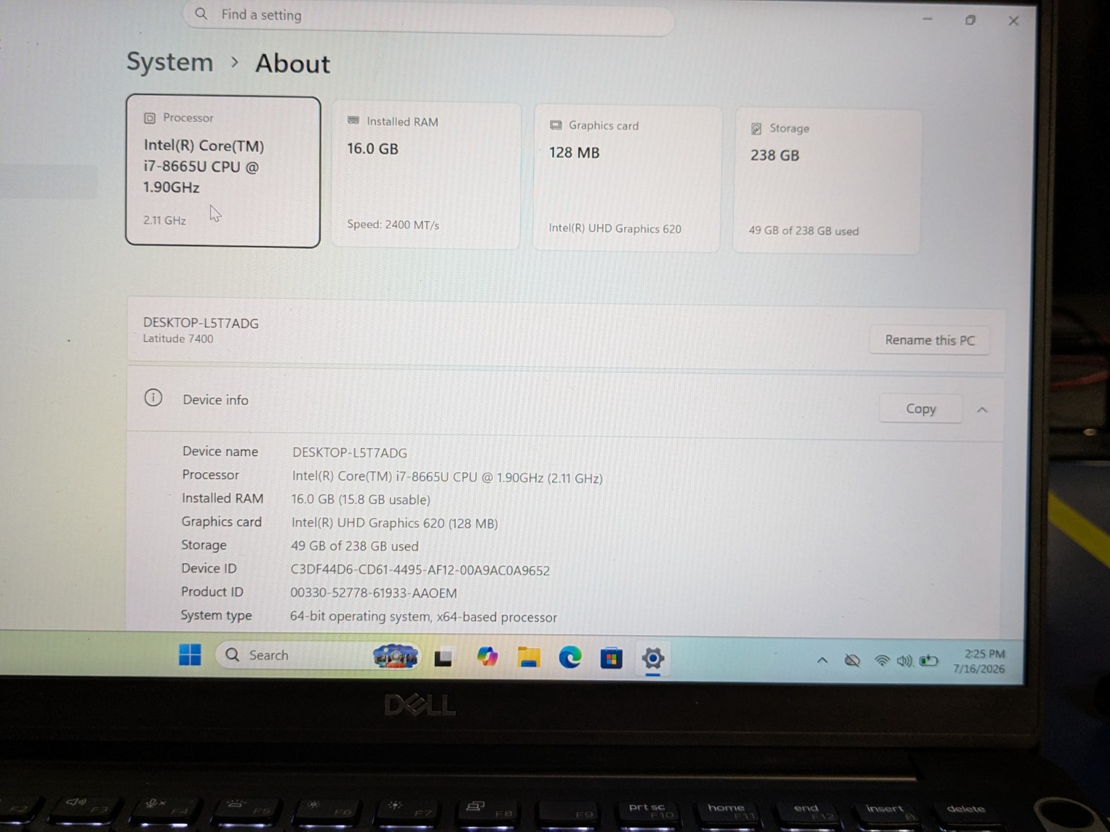 DELL LATITUDE 7400, Intel Core i7-8665U, 1.90 GHz, 16 GB, 256 GB M.2