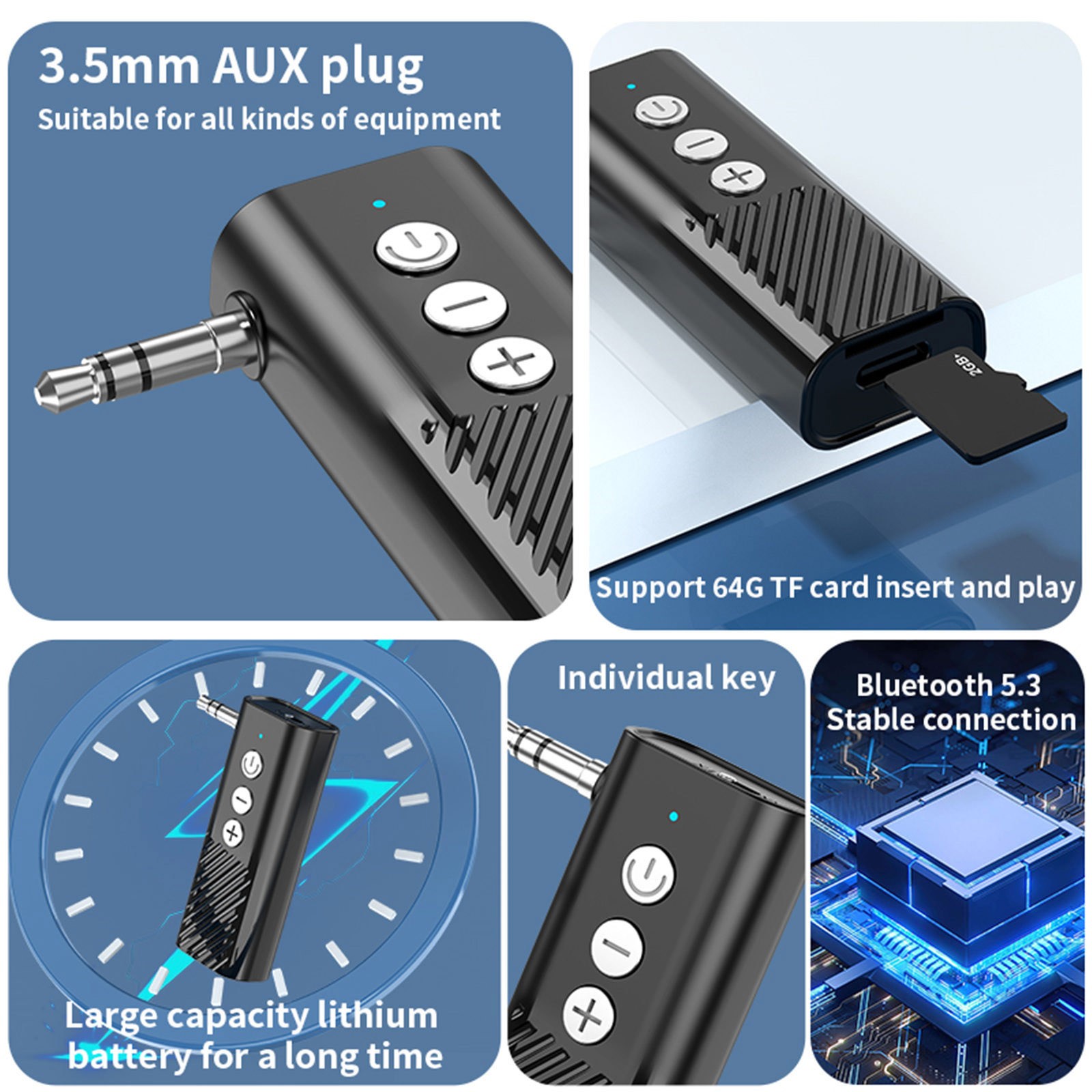 3.5mm Jack Aux 5.3 Transmitter Receiver Adapter Audio 3-in-1 Wireless Bluetooth