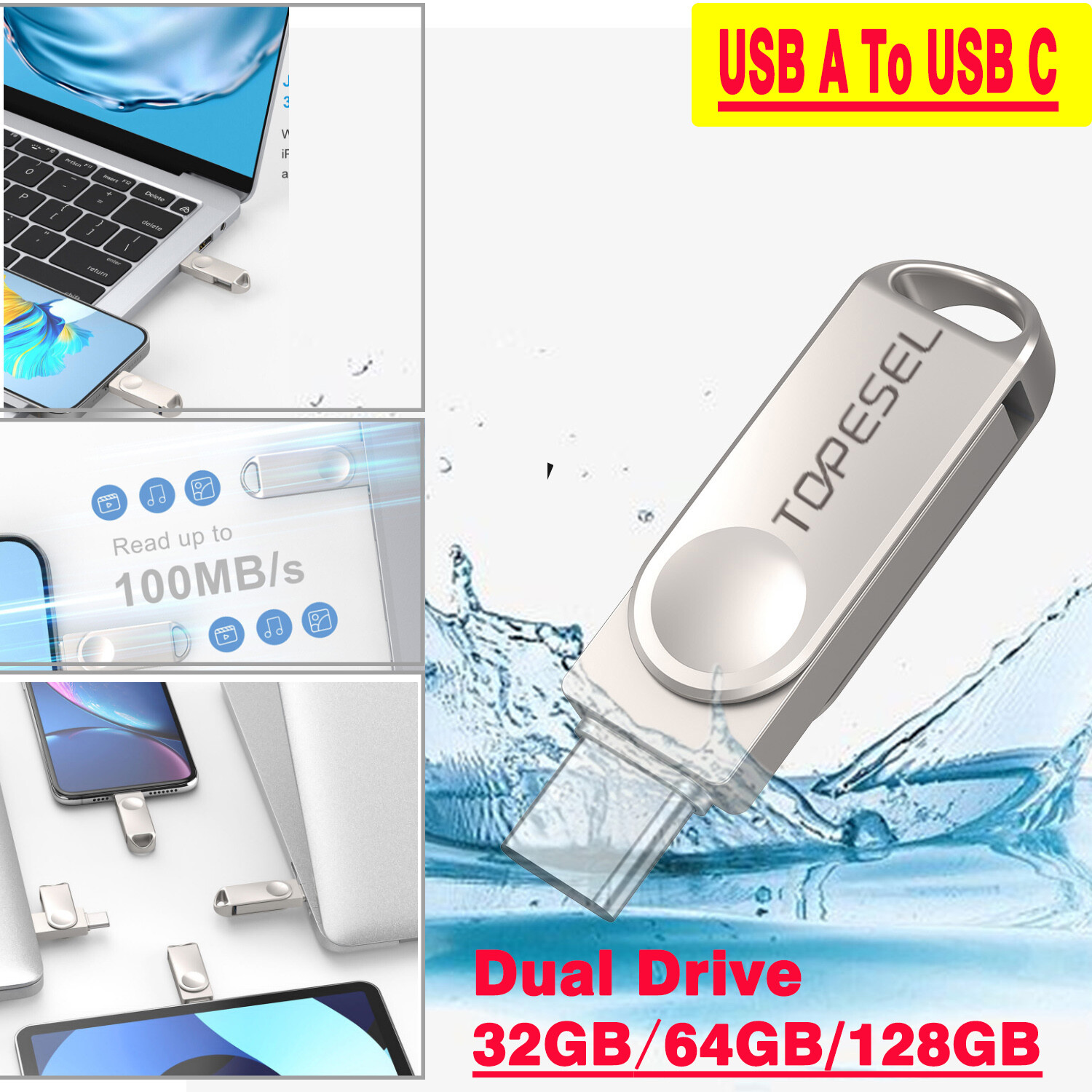 2-in 1 port 32GB 64GB 128GB USB A to USB-C Flash Drive USB 3.0 OTG Memory Stick