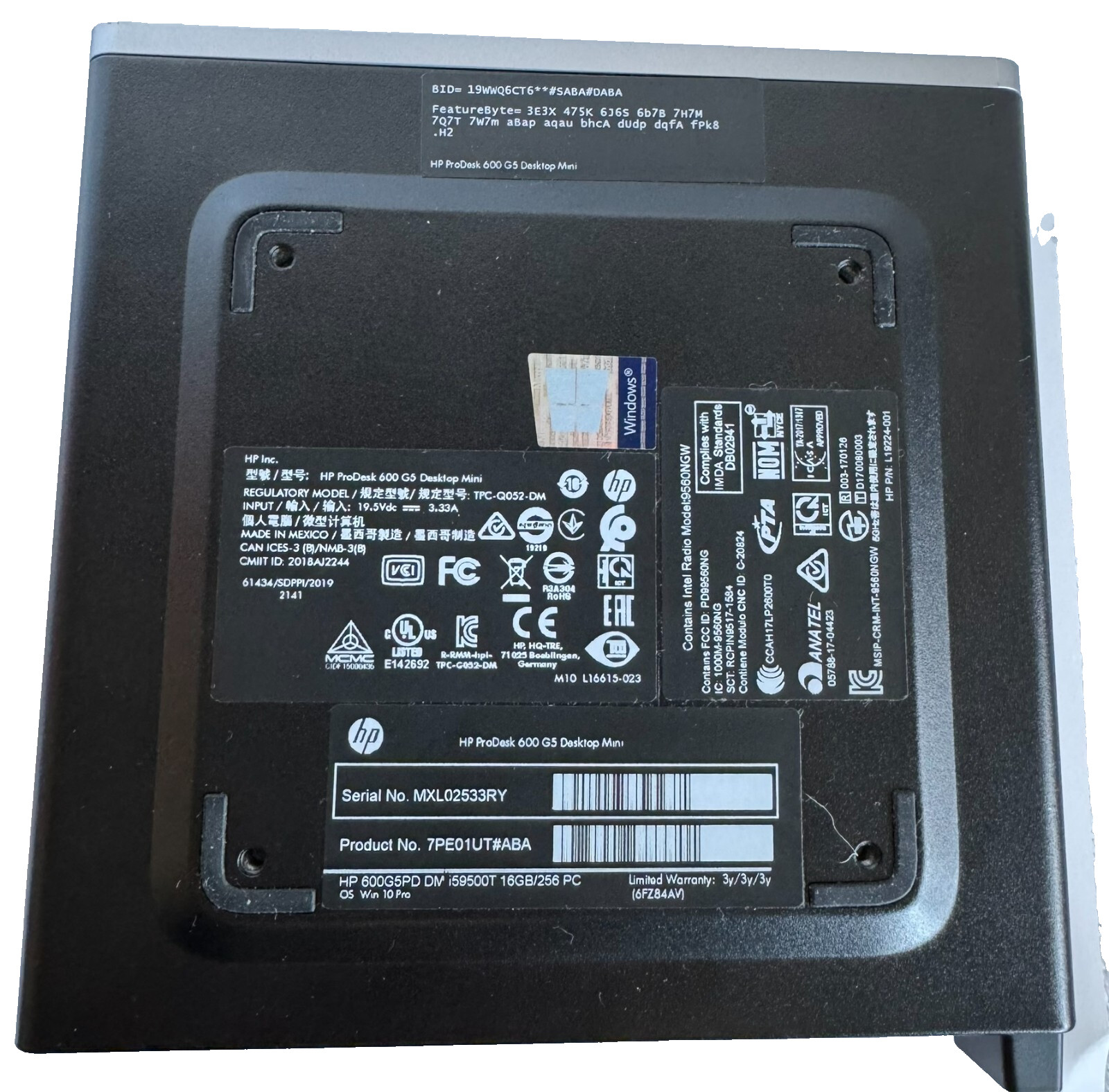 HP ProDesk 600 G5 Mini/i5-9500T 9TH Gen/16GB RAM/256GB M.2 SSD/WiFi+BT/W11P/AC