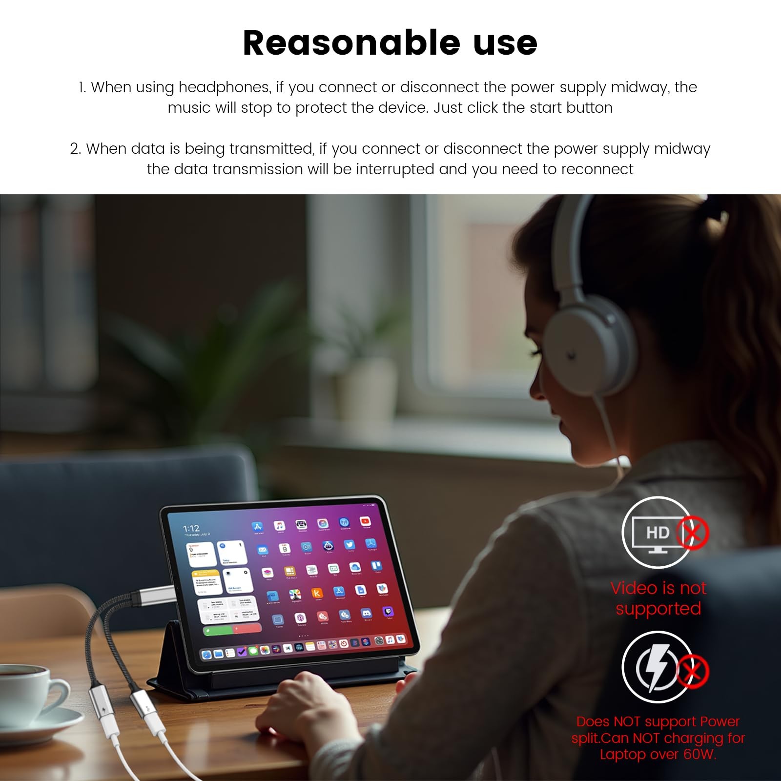 USB-C Splitter Y Cable Type C Male to Dual USB-C Female Port Hub Adapter