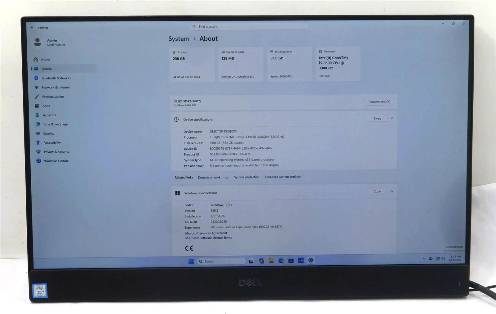 Dell OptiPlex 7460 AIO 23.8″ Core i5-8500 3.00GHz 8GB 256GB SSD
