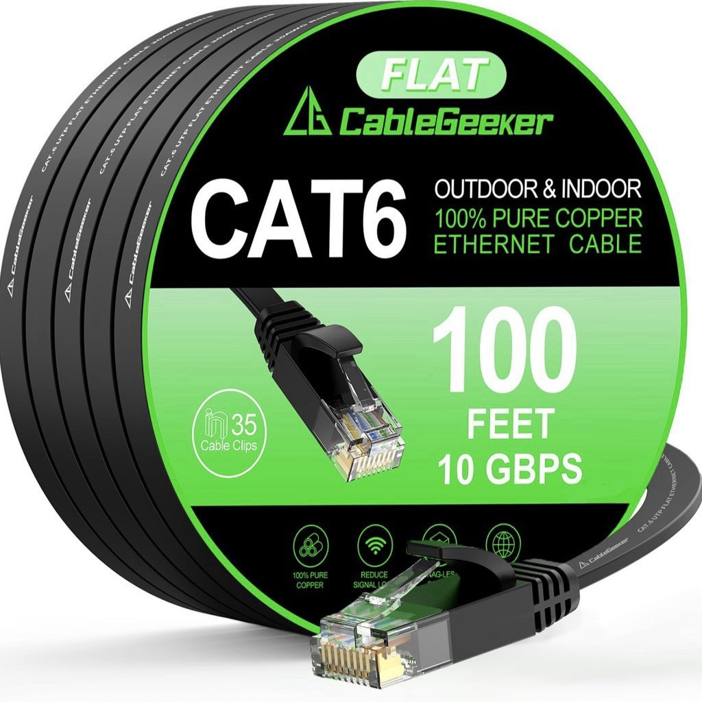 Cat 6 Ethernet Cable 100 ft, Indoor&Outdoor, High Speed 10Gbps Flat Internet.