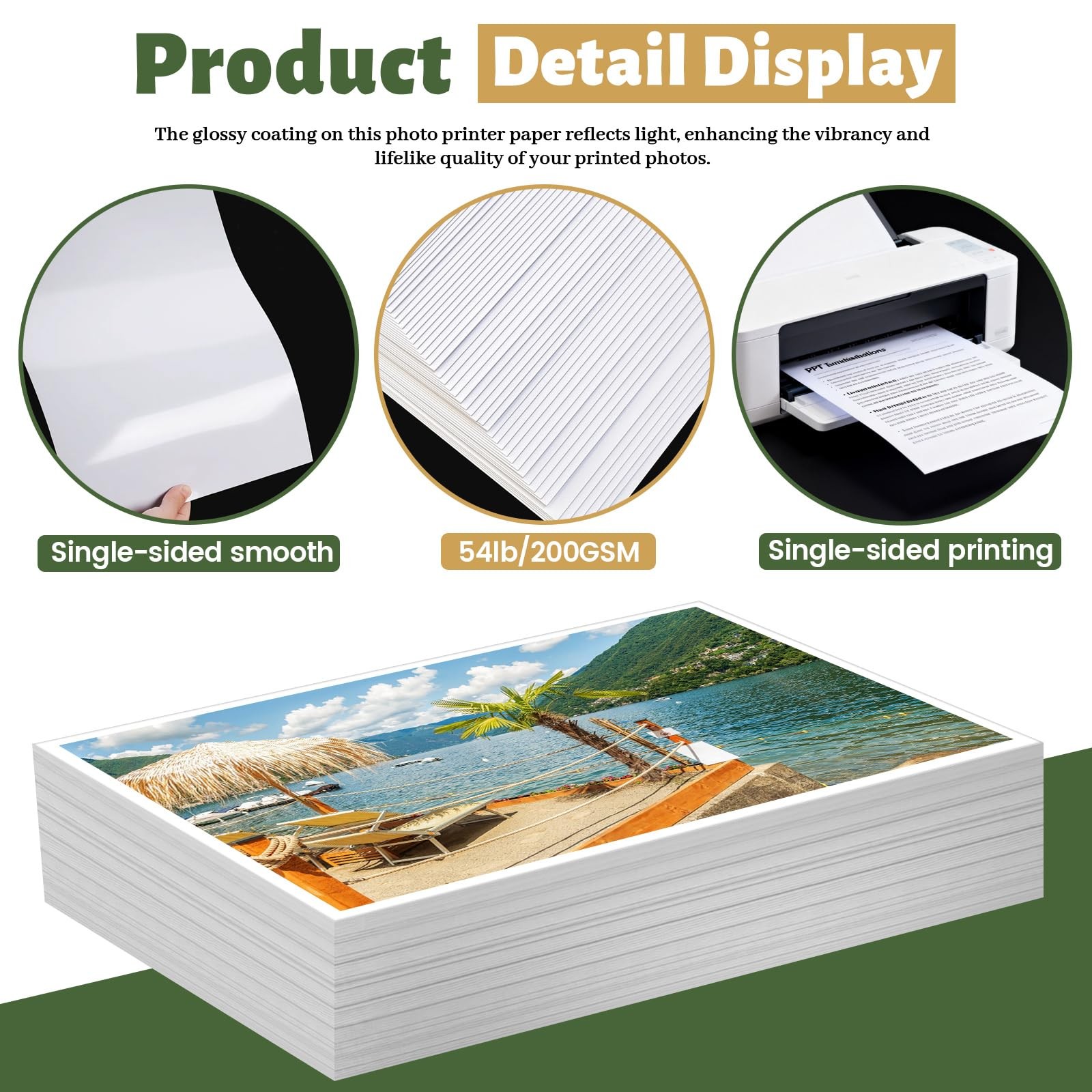 Glossy Photo Paper 8.5×11 Inch 200GSM/54LB Inkjet White Picture Print 200 PCS