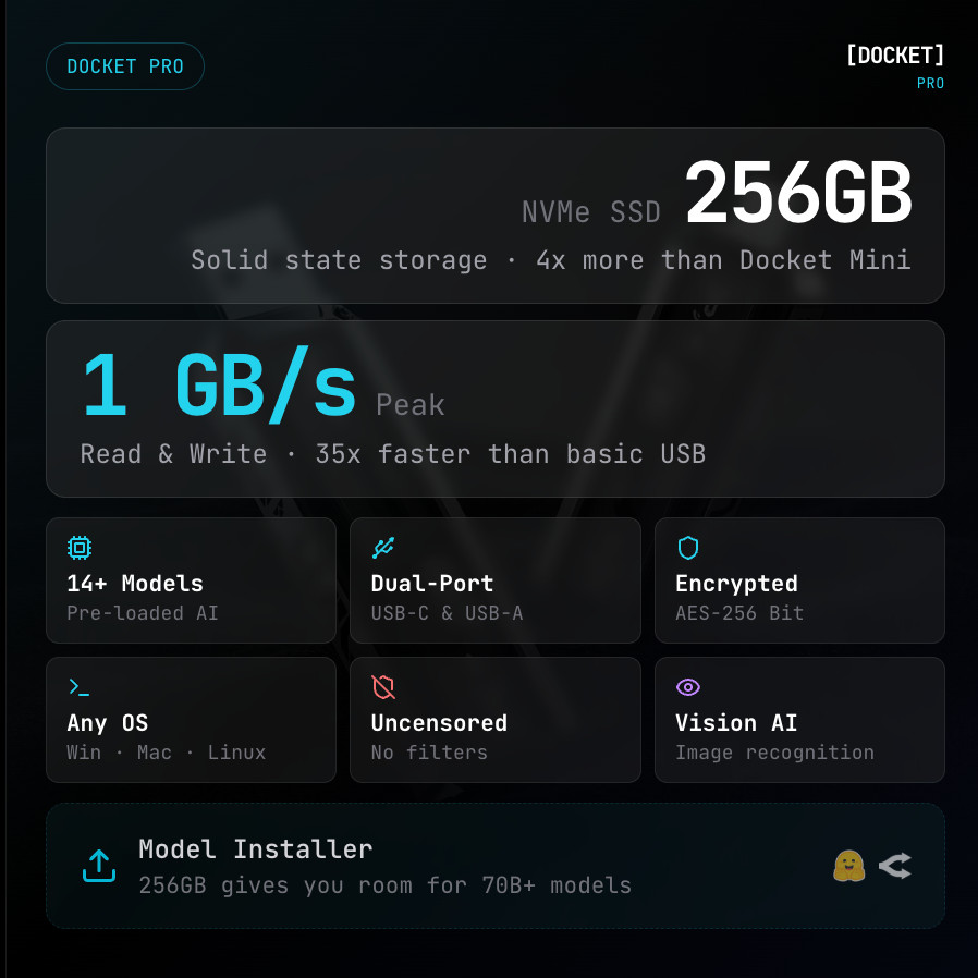 Docket Pro Offline AI 14+ Models 256GB Portable High-Speed SSD, USB-C/A,