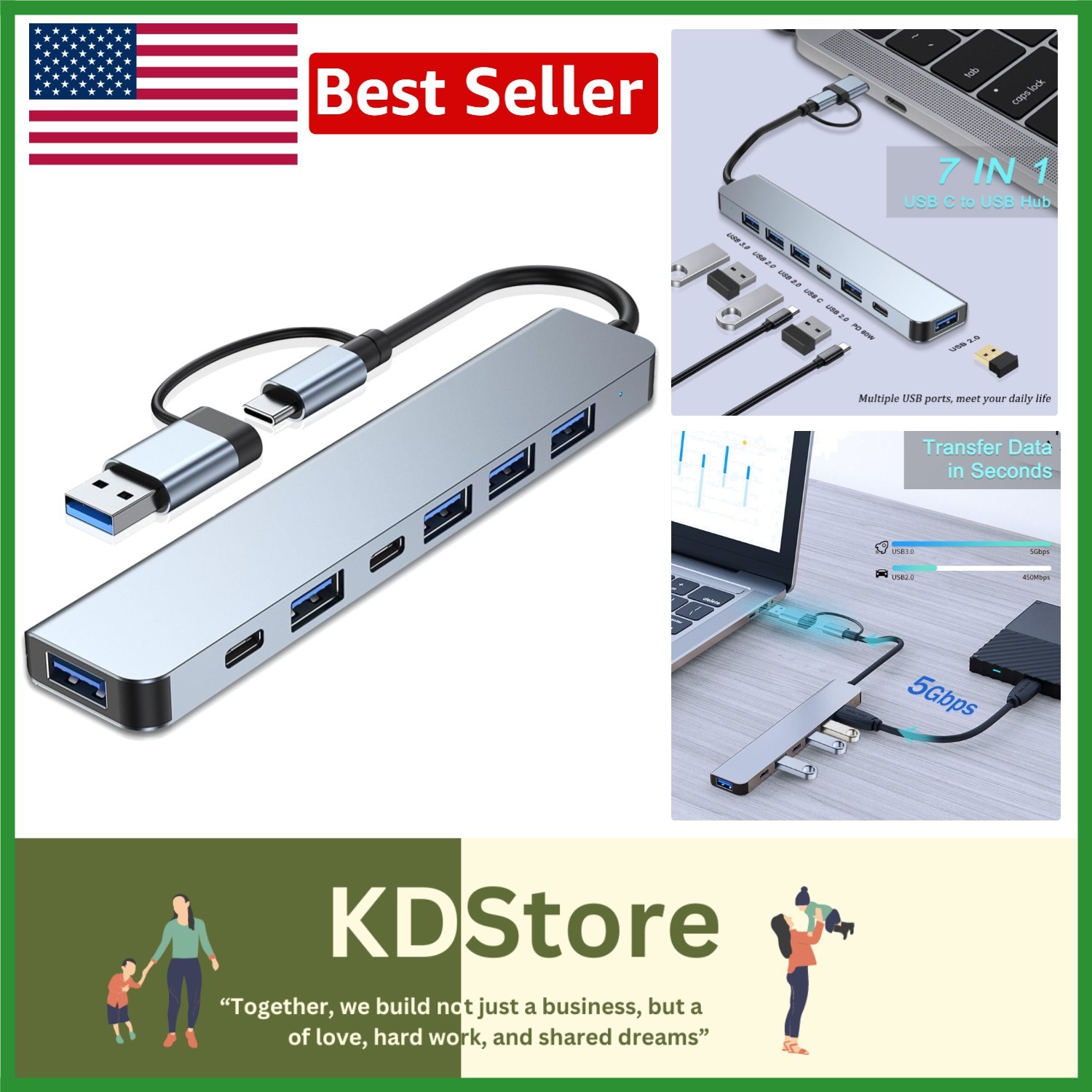 7-in-1 Aluminum USB-C & USB Hub for Seamless Connectivity