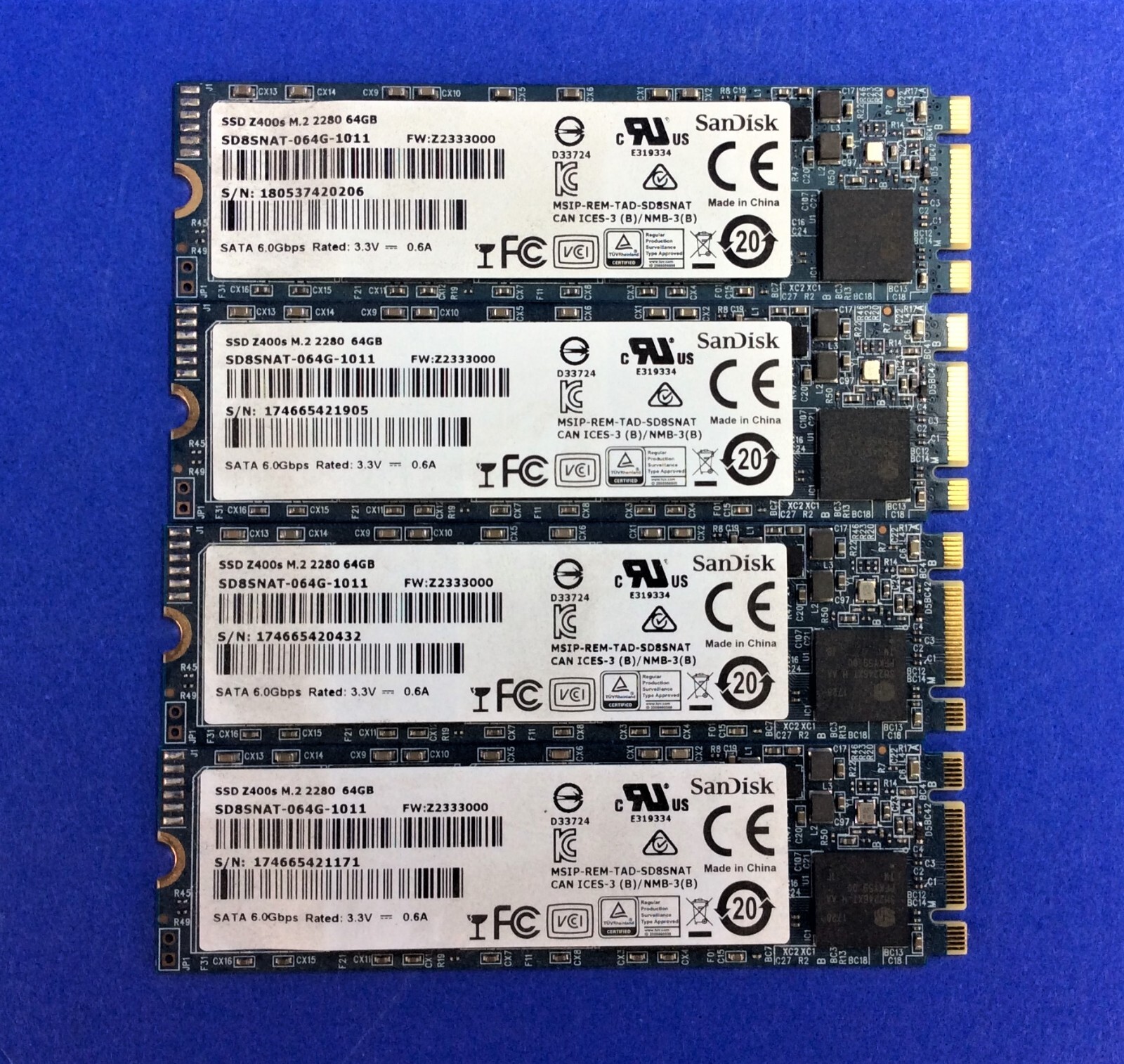 LOT OF 4 – 64GB SSD Z400s M.2 2280 – SDSNAT-064G-1001 FRU: 00GU397