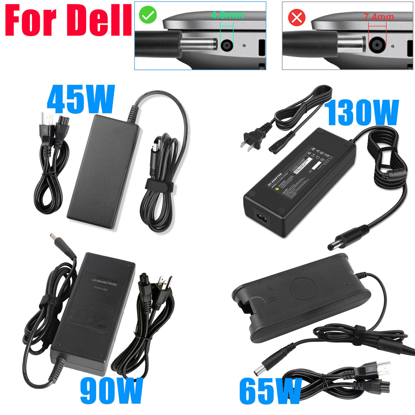 For Dell 45W 65W 90W 130W 4.5mm Barrel AC Adapter Laptop Charger Power Supply