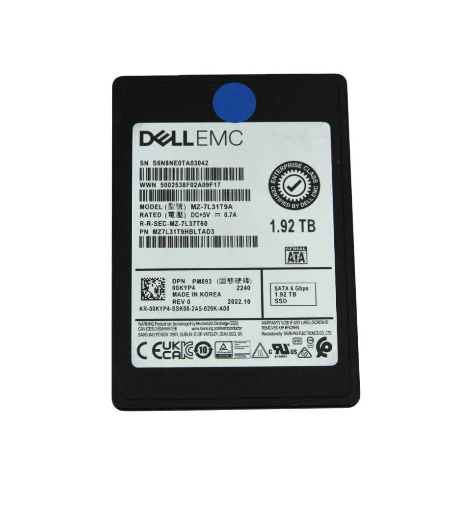 Dell Enterprise PM893 1.92TB SATA 6Gb/s RI 2.5″ SSD 0KYP4 (90-99% Health)