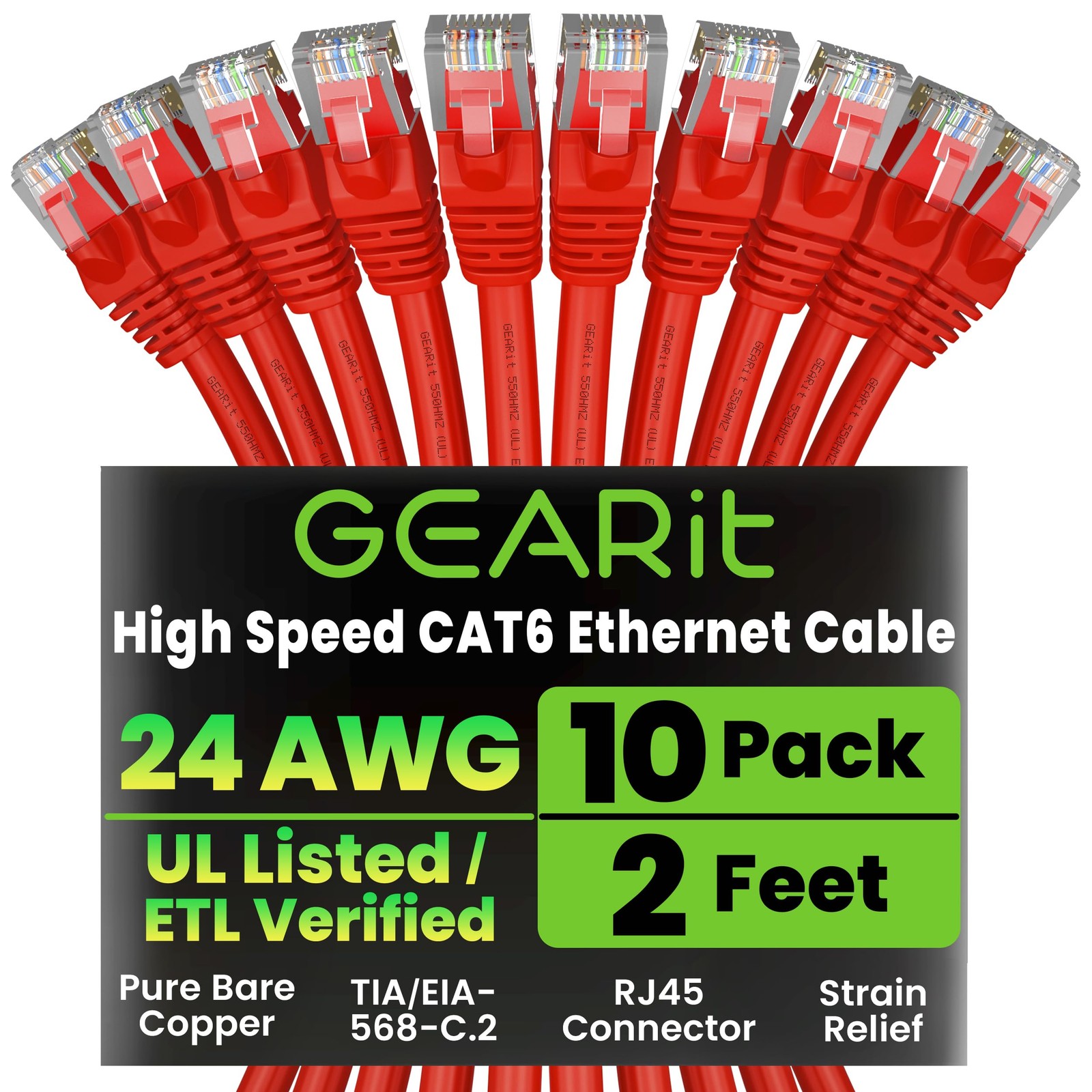 Cat 6 Ethernet Cable 100-Pack 2 Feet Network Patch 10Gbps RJ45 Snagless Red