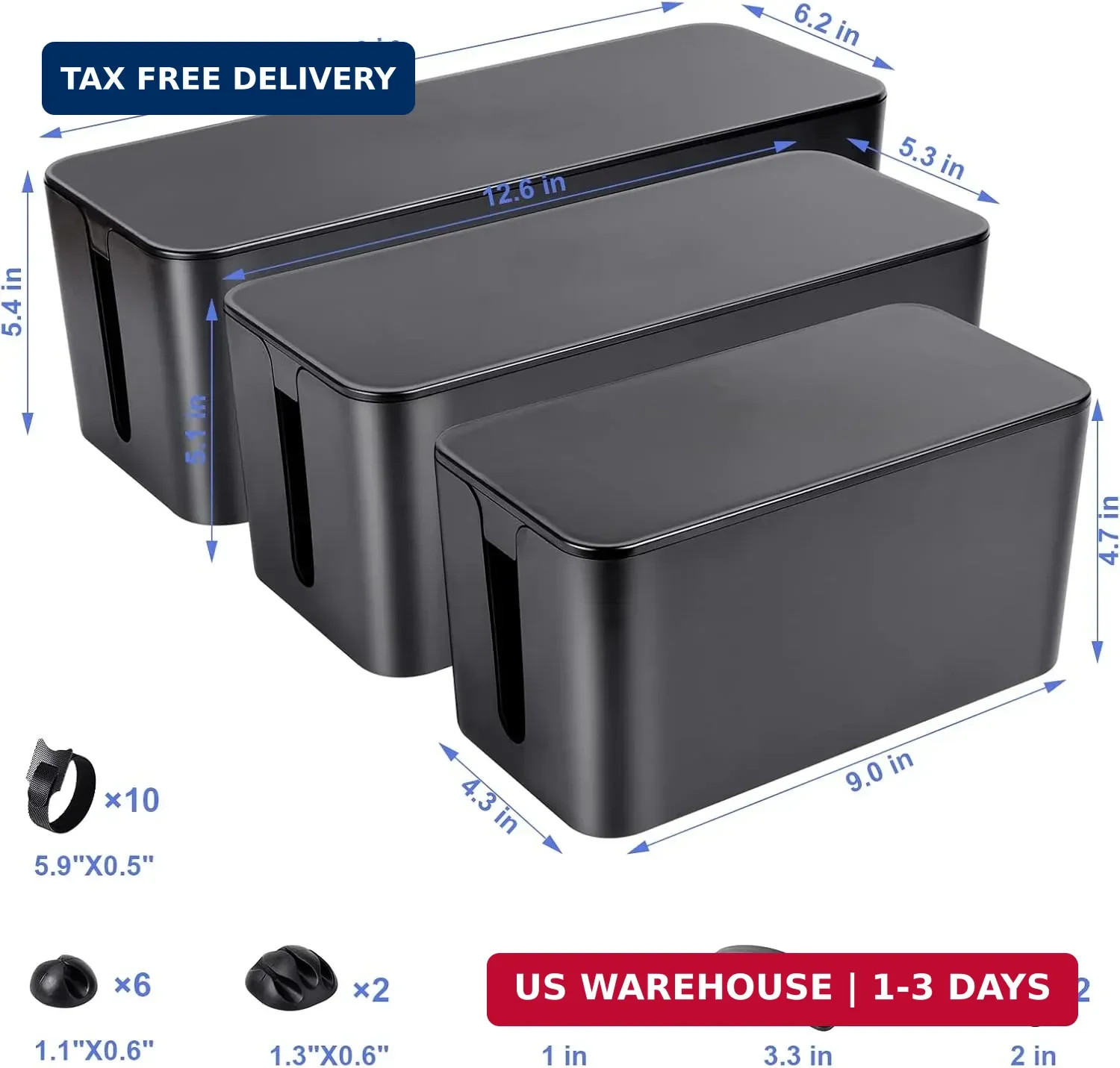 Cable Organizer Box Set of Three, Power Cover Cord Holder Surge Protector for De