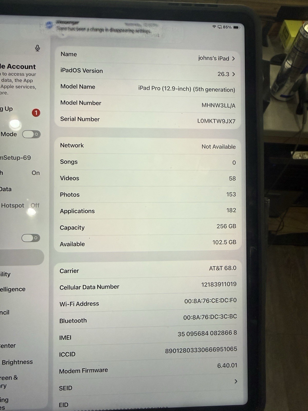 iPad Pro 12.9 5th Gen 256gb AT&T/Wi-Fi